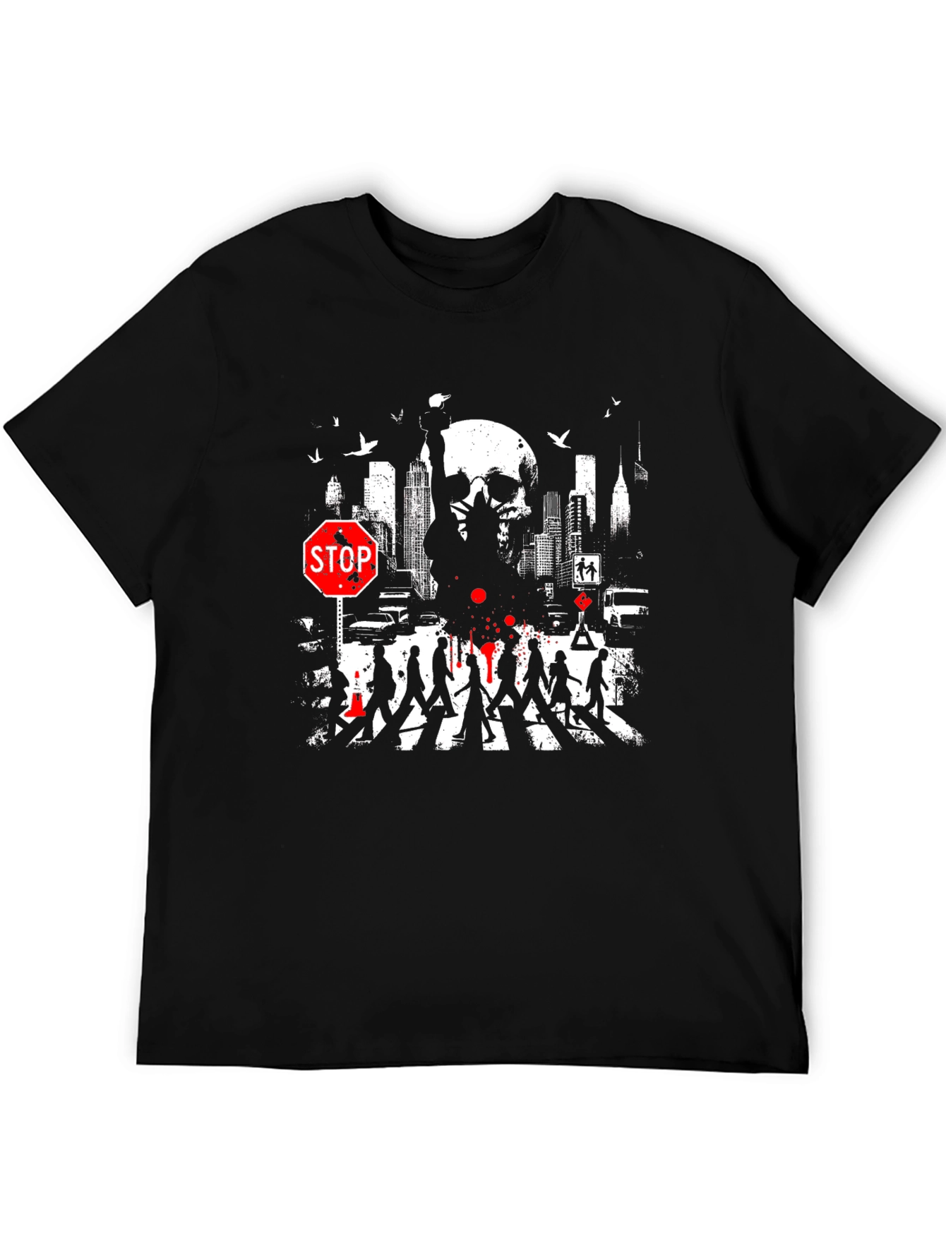 Urban Nightmare Graphic T-Shirt - Skull Cityscape Stop Sign