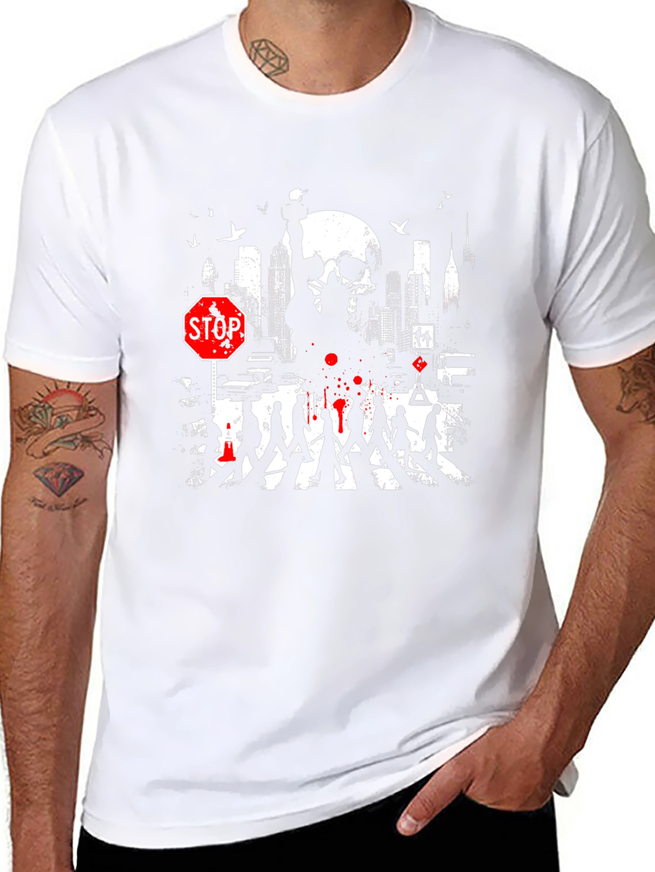 Urban Nightmare Graphic T-Shirt - Skull Cityscape Stop Sign