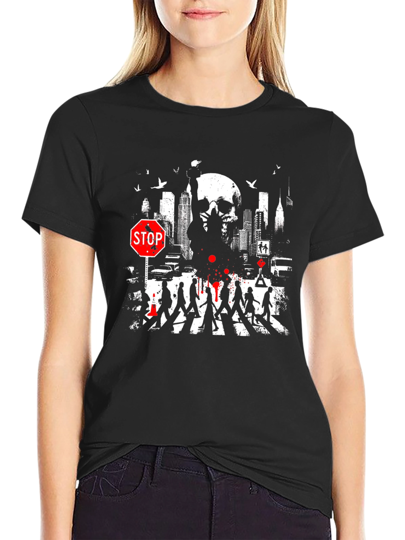 Urban Nightmare Graphic T-Shirt - Skull Cityscape Stop Sign