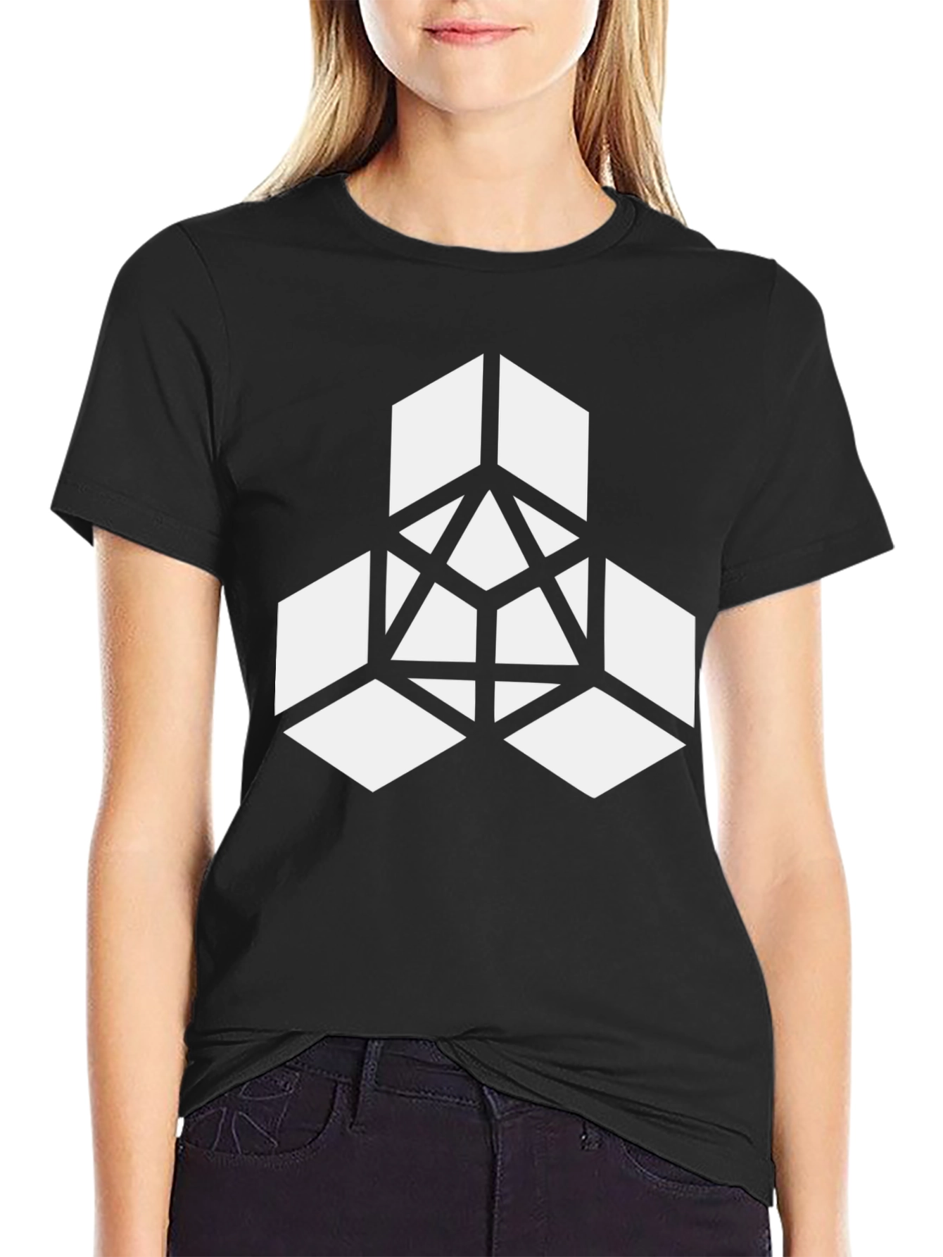 Geometric Cube Design Black T-Shirt