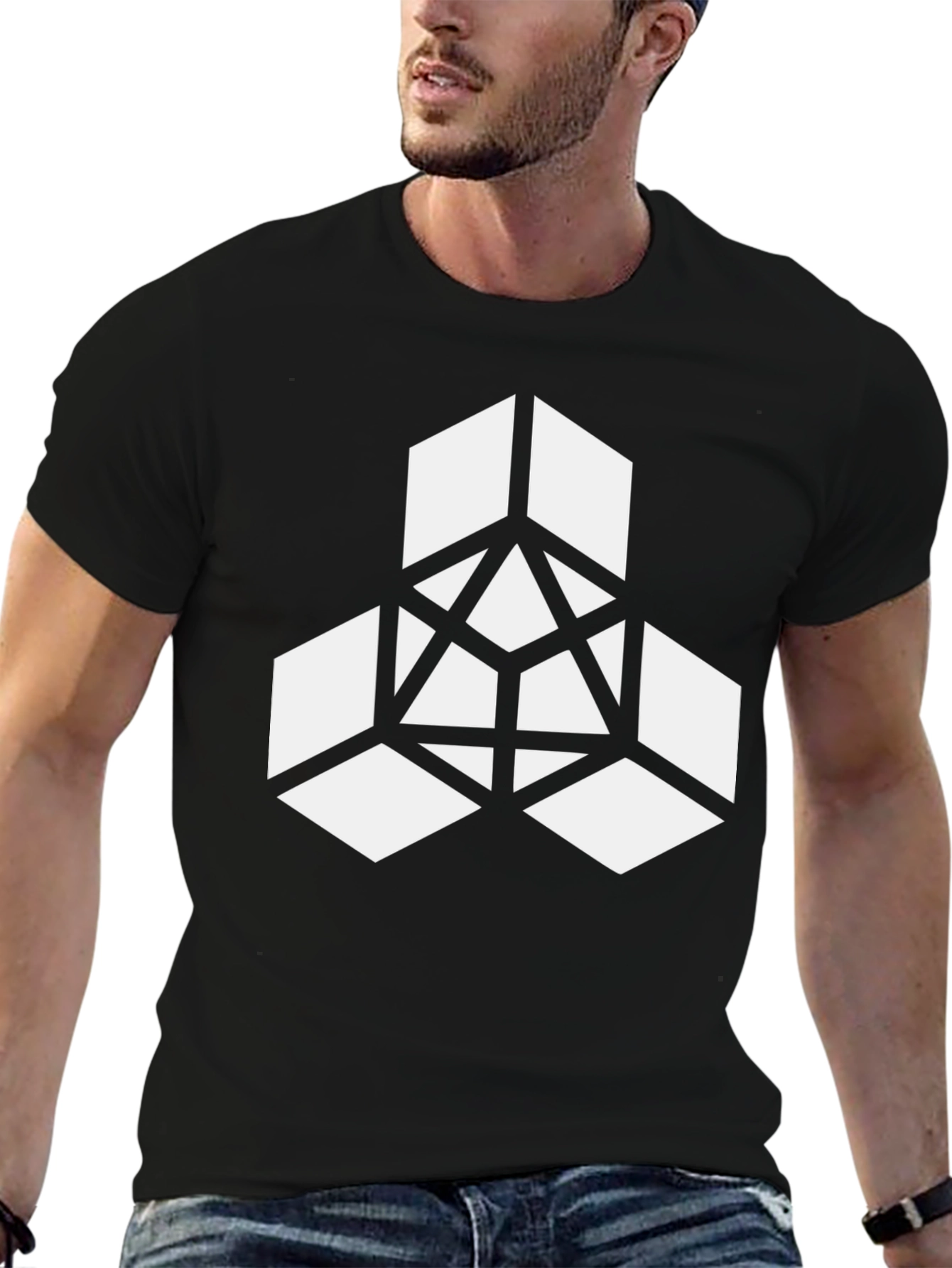 Geometric Cube Design Black T-Shirt