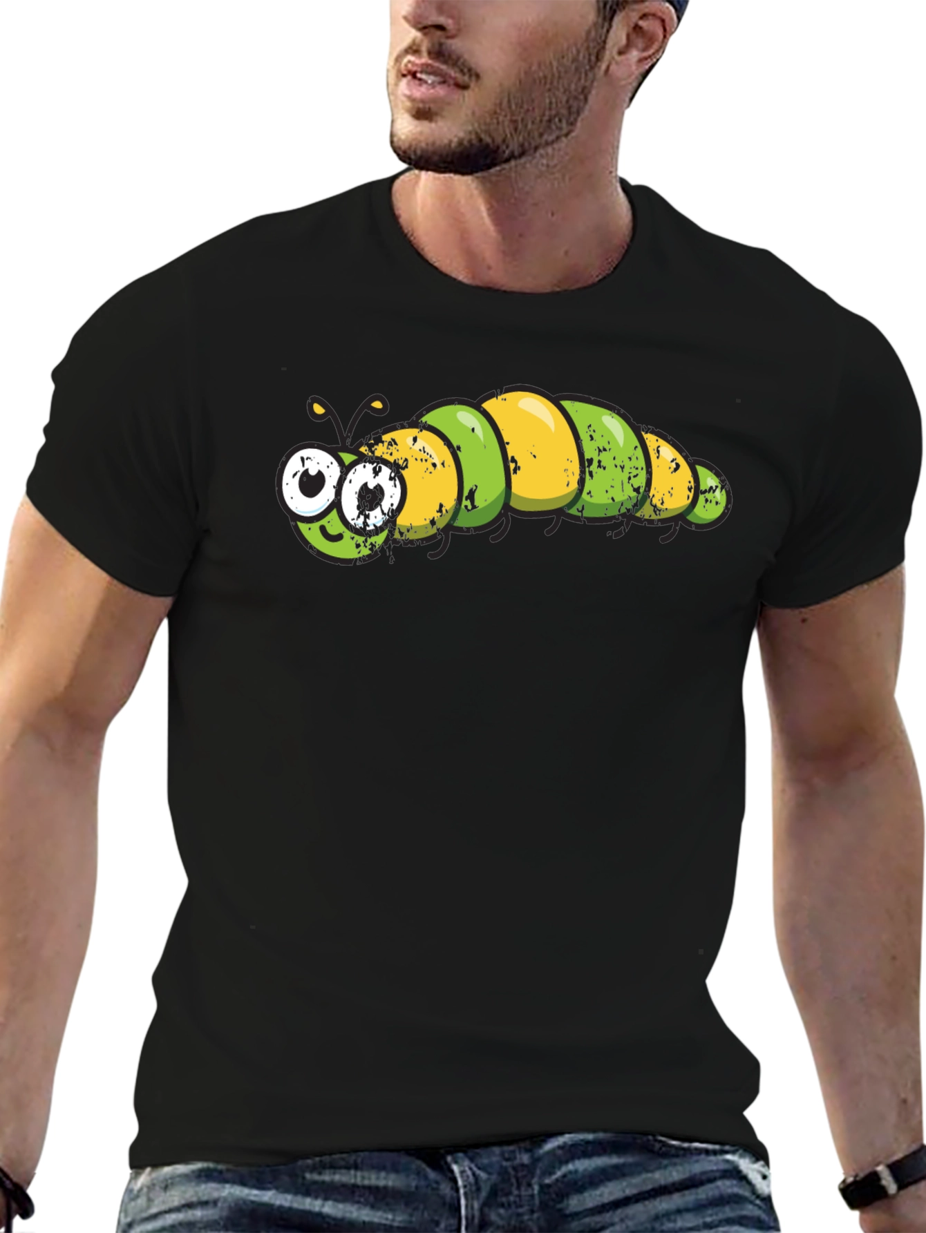 Cartoon Caterpillar Graphic Tee - Black