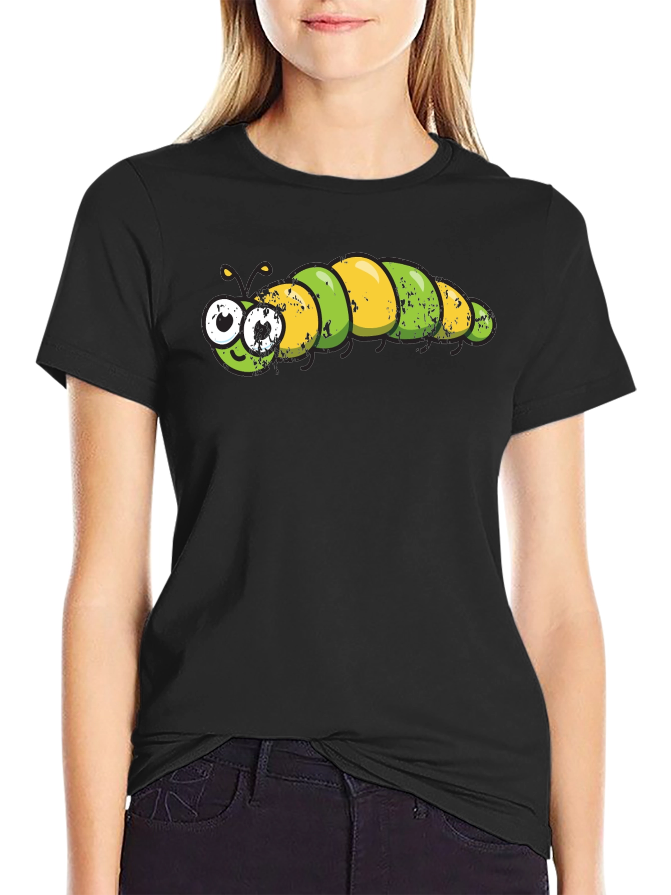 Cartoon Caterpillar Graphic Tee - Black