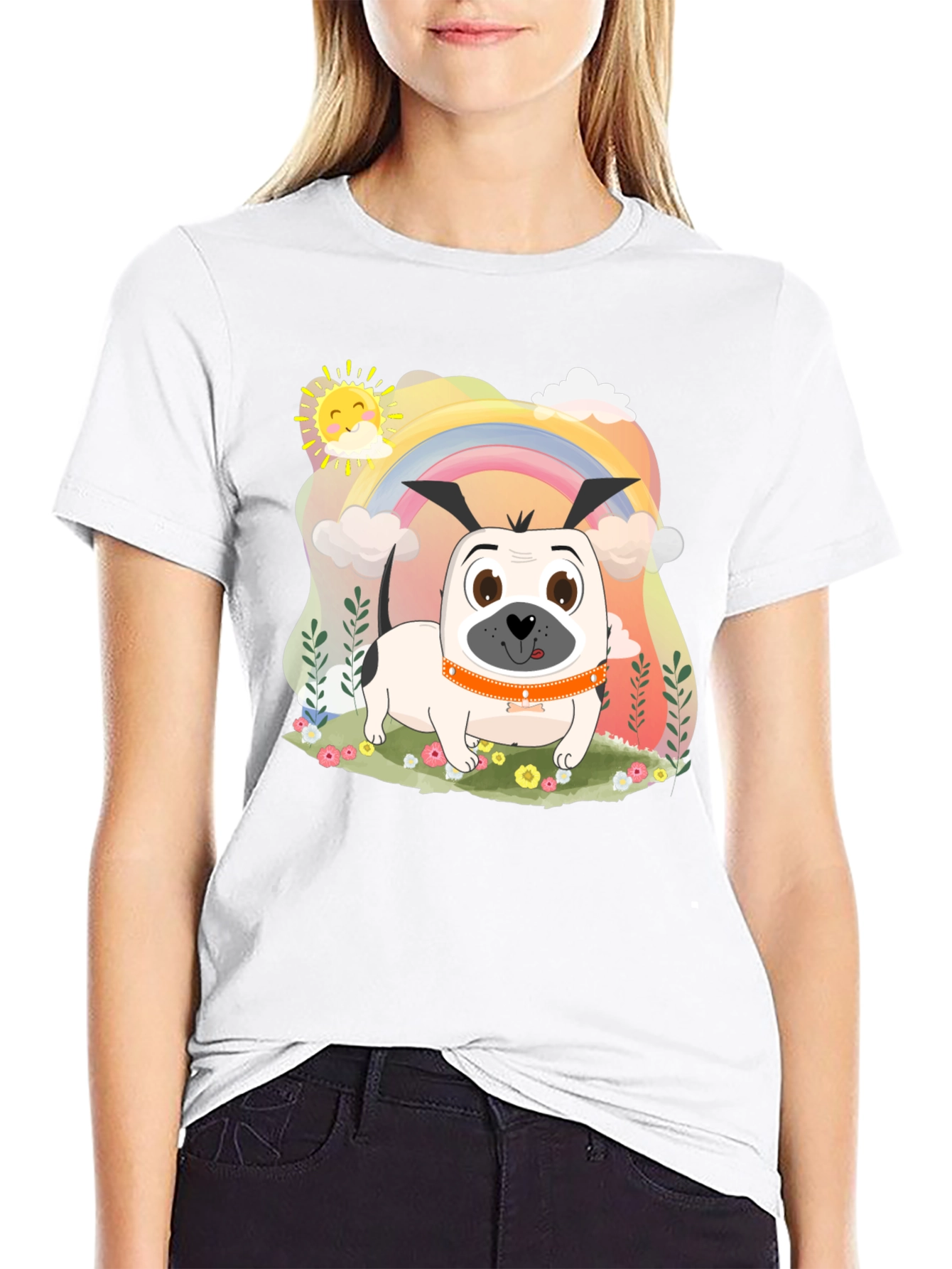 Dog Rainbow Graphic Tee - Black Cotton