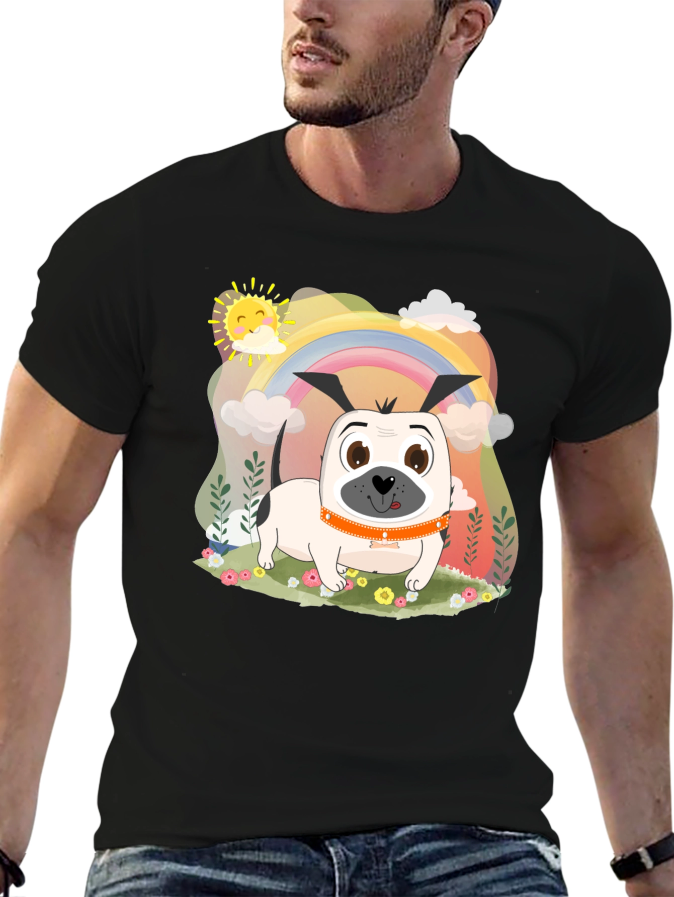 Dog Rainbow Graphic Tee - Black Cotton