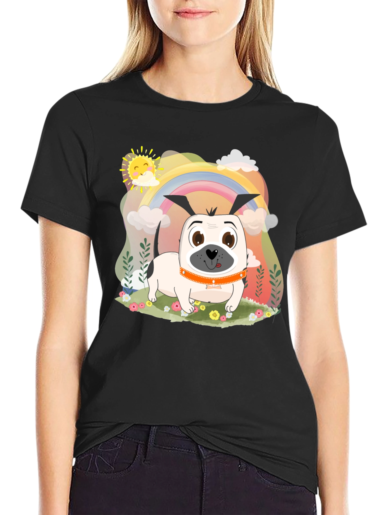 Dog Rainbow Graphic Tee - Black Cotton
