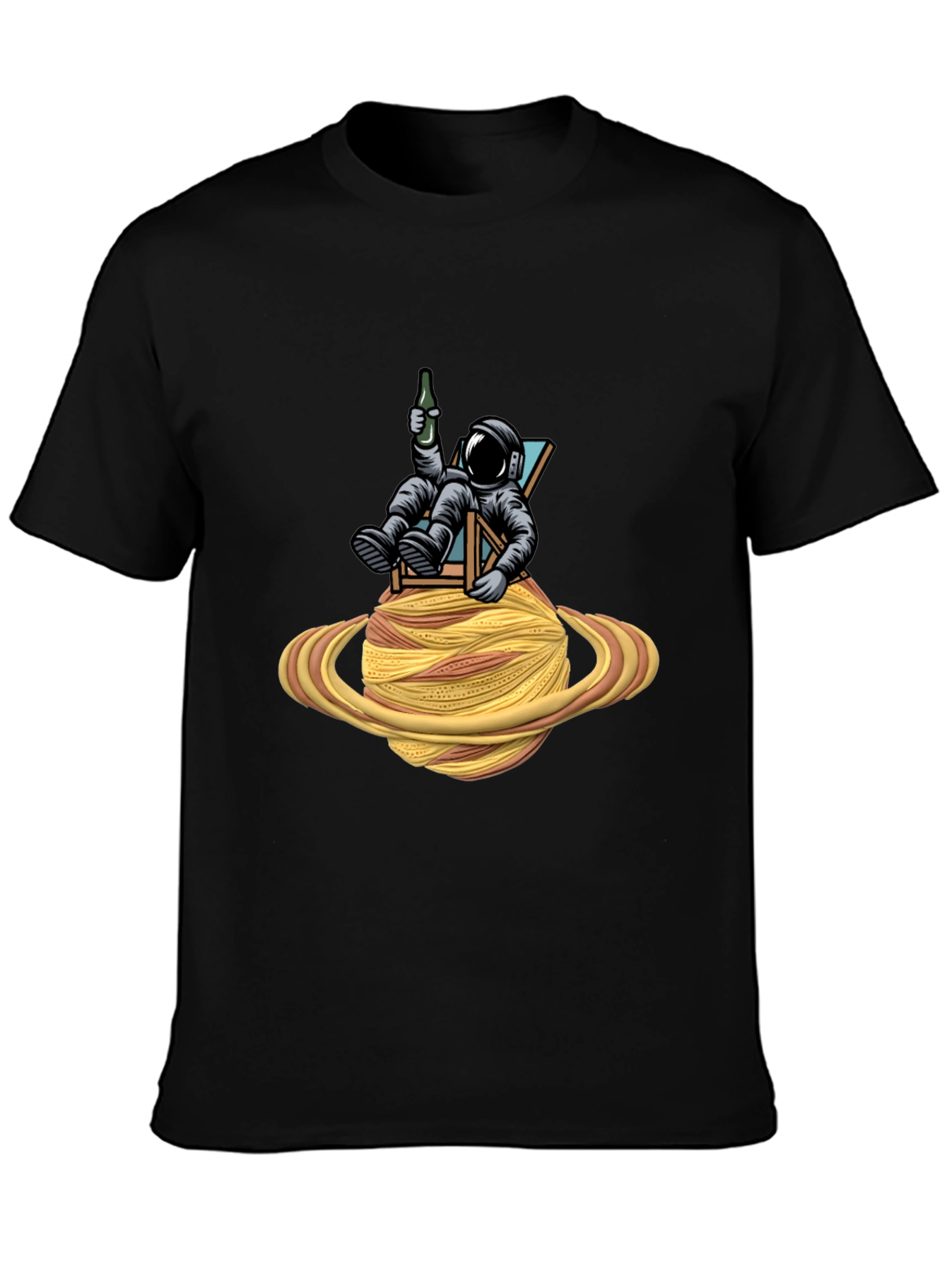 Astronaut Relaxing on Spaghetti Planet Black T-Shirt