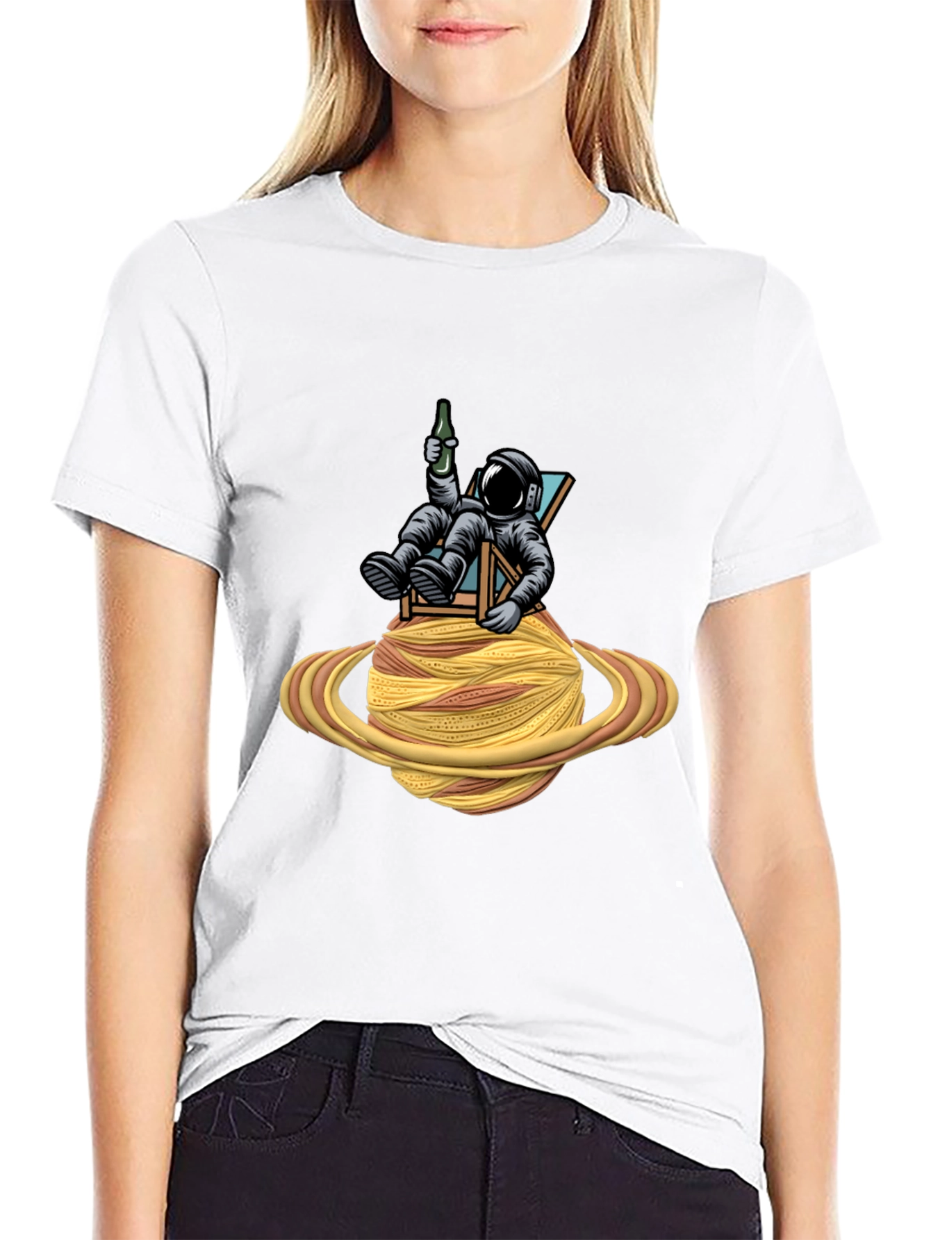 Astronaut Relaxing on Spaghetti Planet Black T-Shirt