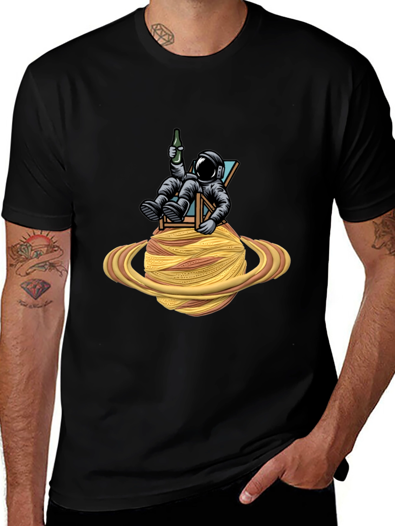 Astronaut Relaxing on Spaghetti Planet Black T-Shirt
