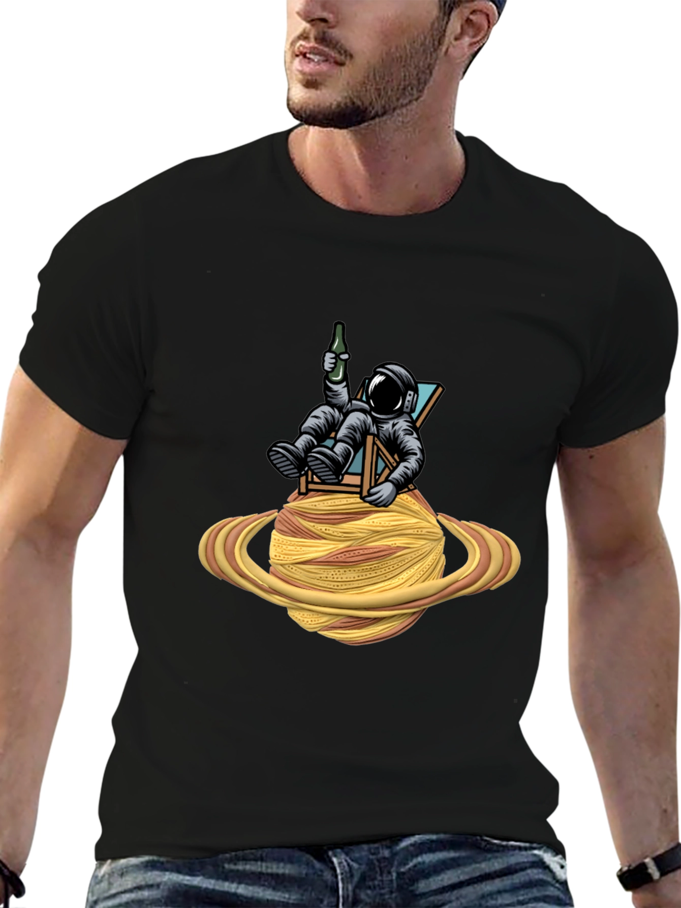 Astronaut Relaxing on Spaghetti Planet Black T-Shirt