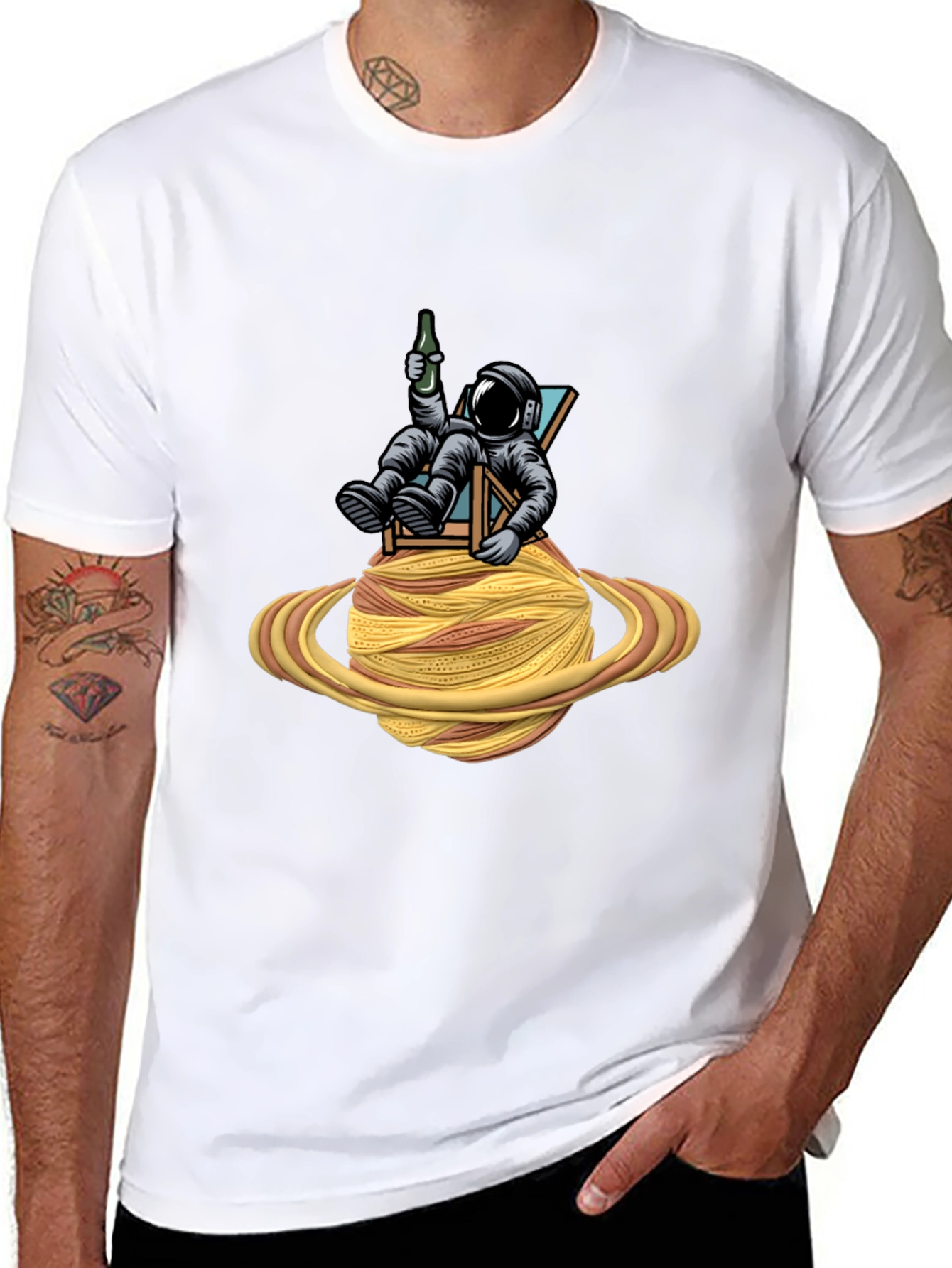 Astronaut Relaxing on Spaghetti Planet Black T-Shirt