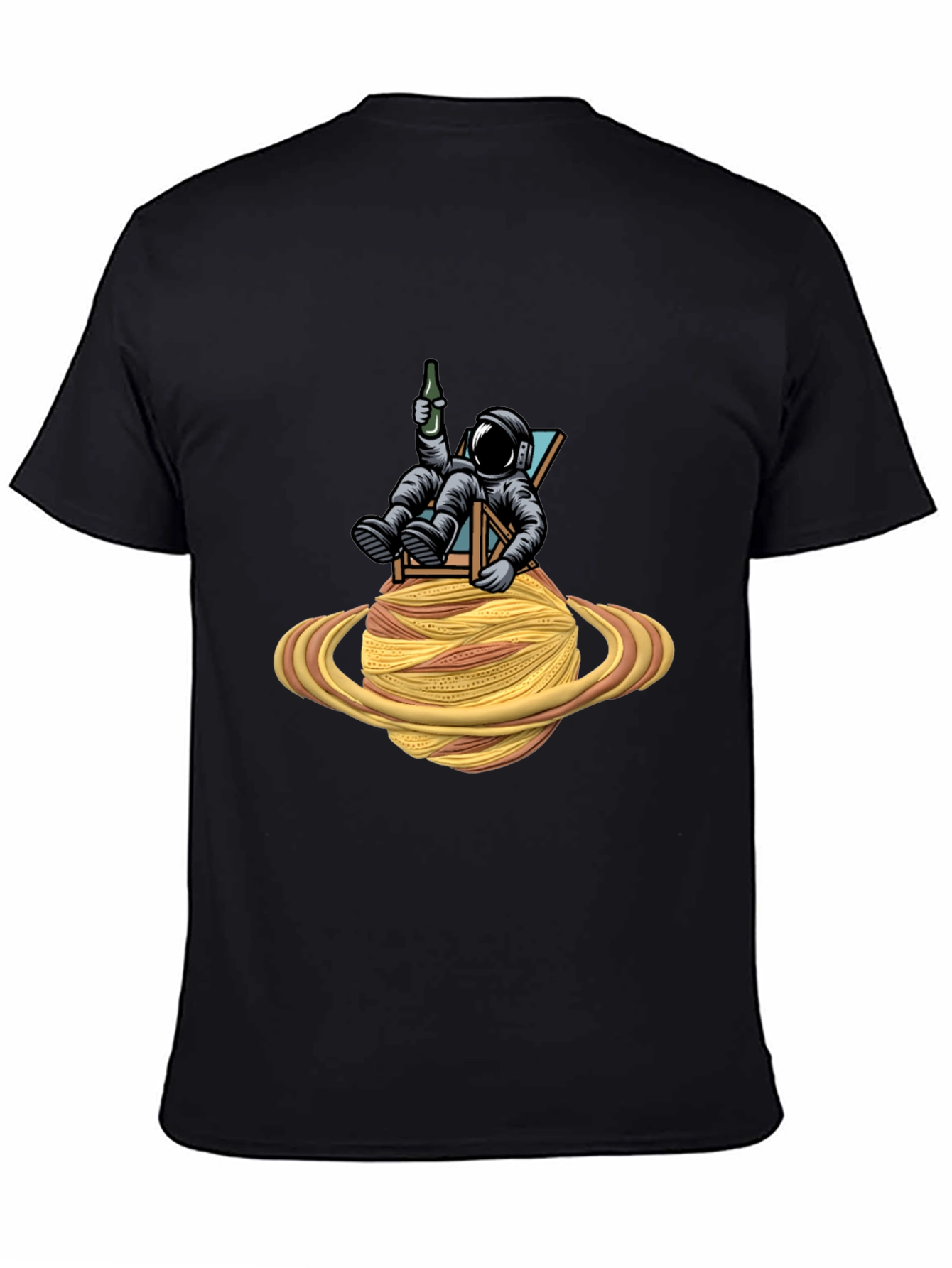 Astronaut Relaxing on Spaghetti Planet Black T-Shirt