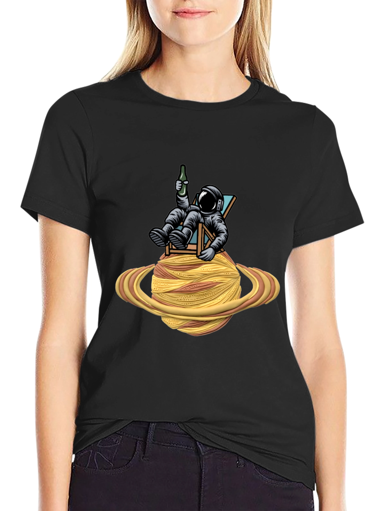Astronaut Relaxing on Spaghetti Planet Black T-Shirt
