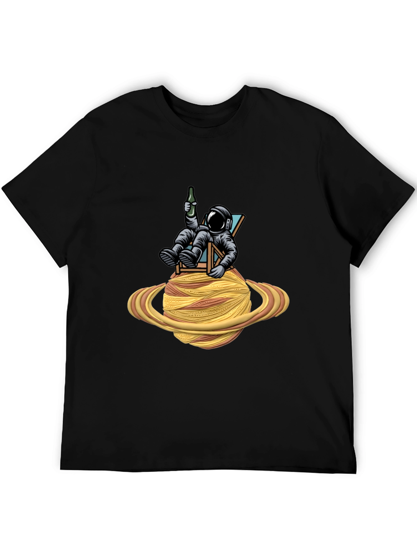 Astronaut Relaxing on Spaghetti Planet Black T-Shirt