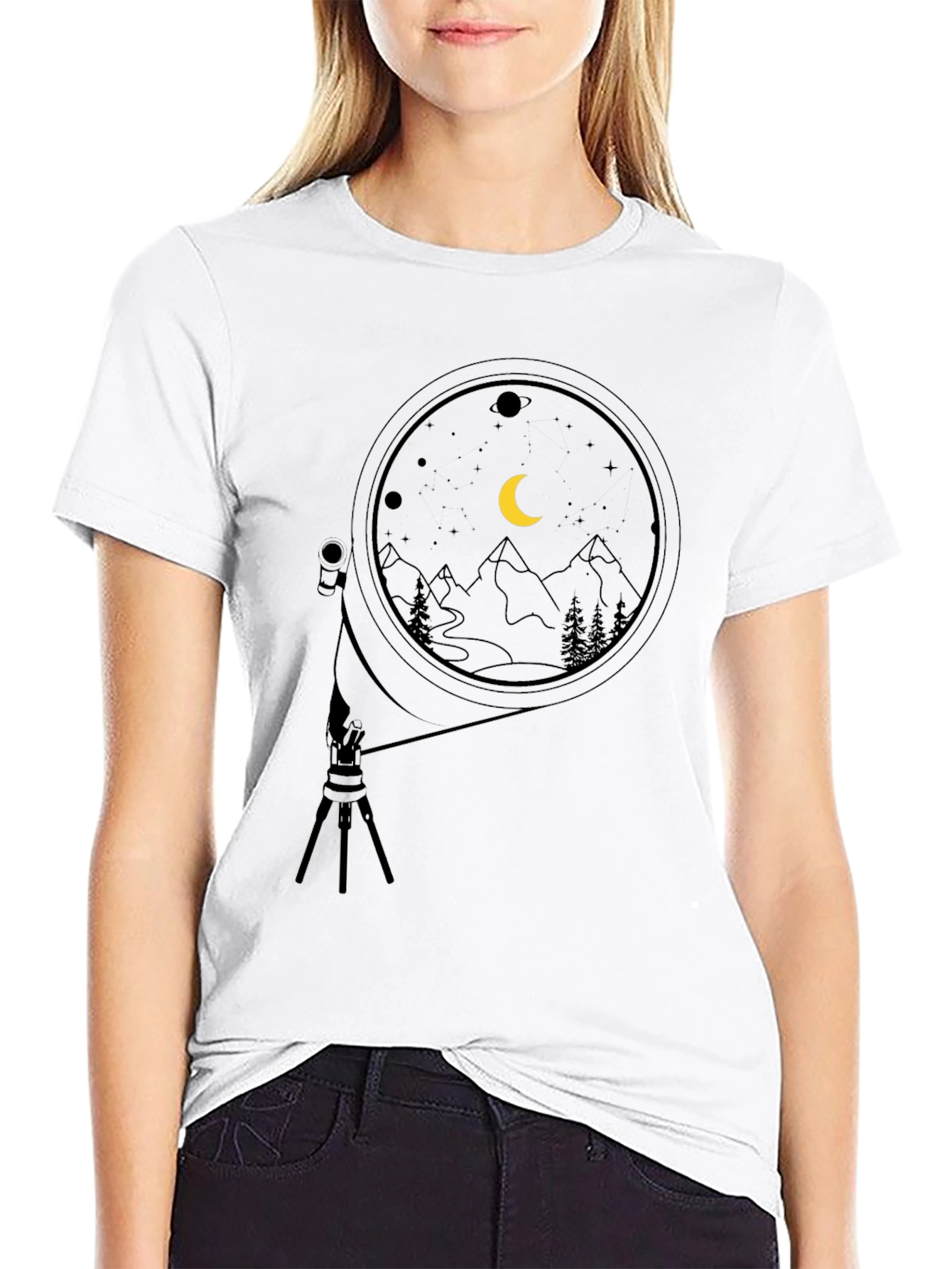 Night Sky Telescope Graphic Tee - Black Cotton