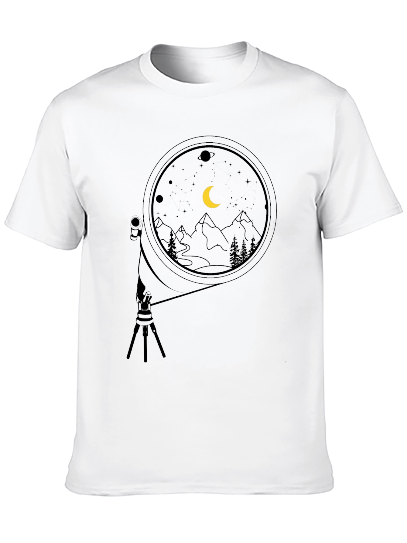 Night Sky Telescope Graphic Tee - Black Cotton