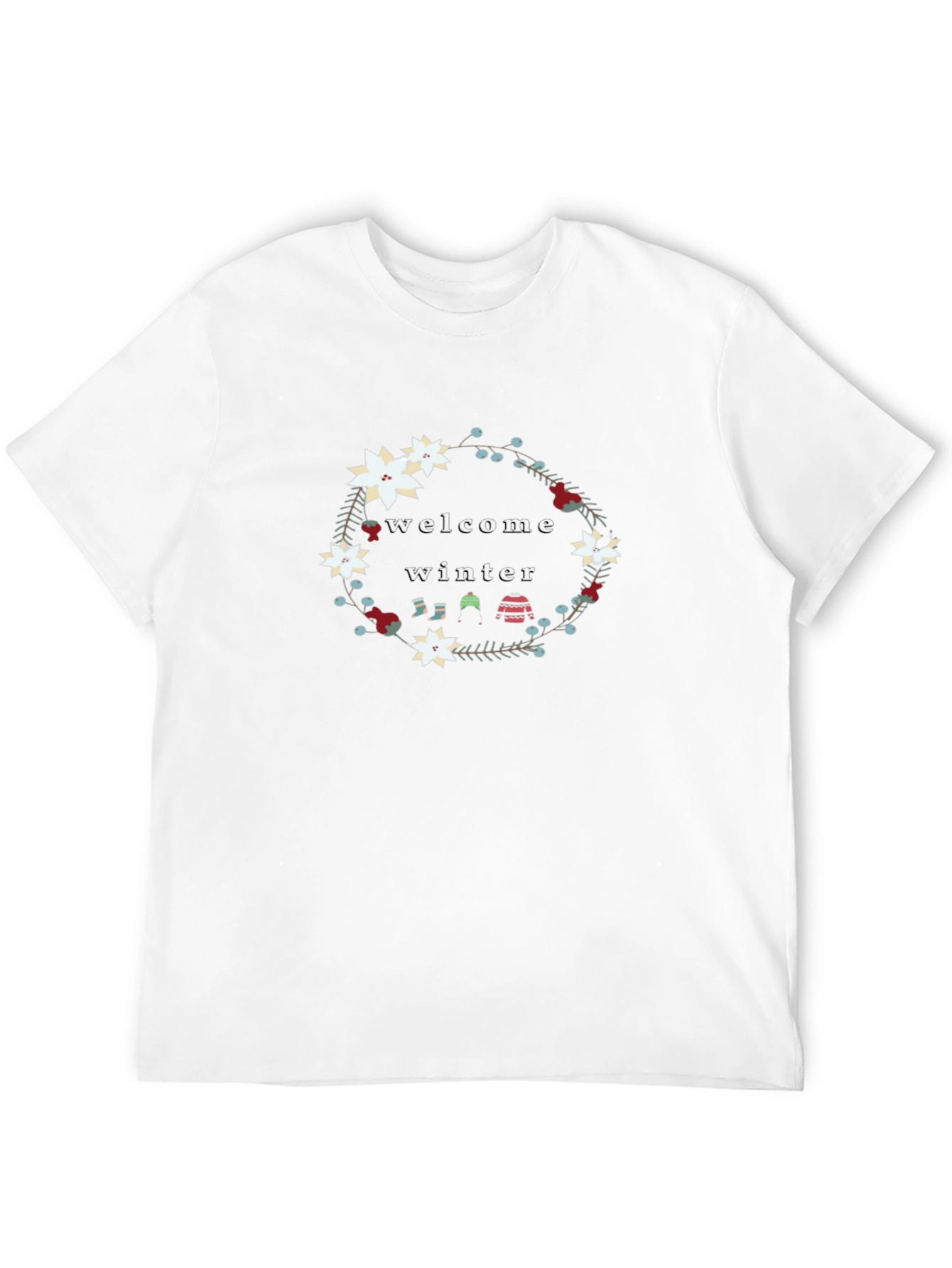 Welcome Winter Floral Wreath Black T-Shirt