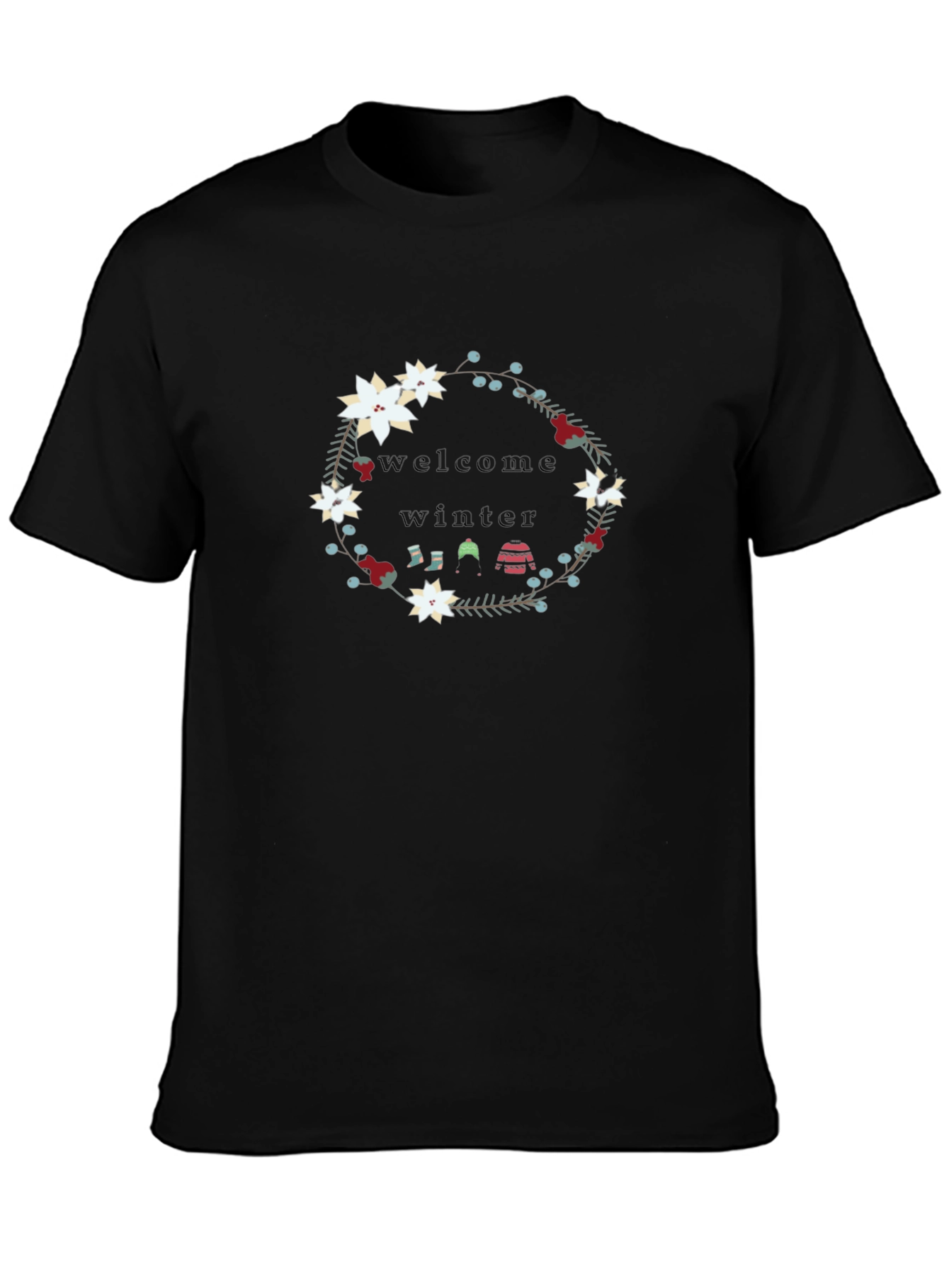 Welcome Winter Floral Wreath Black T-Shirt