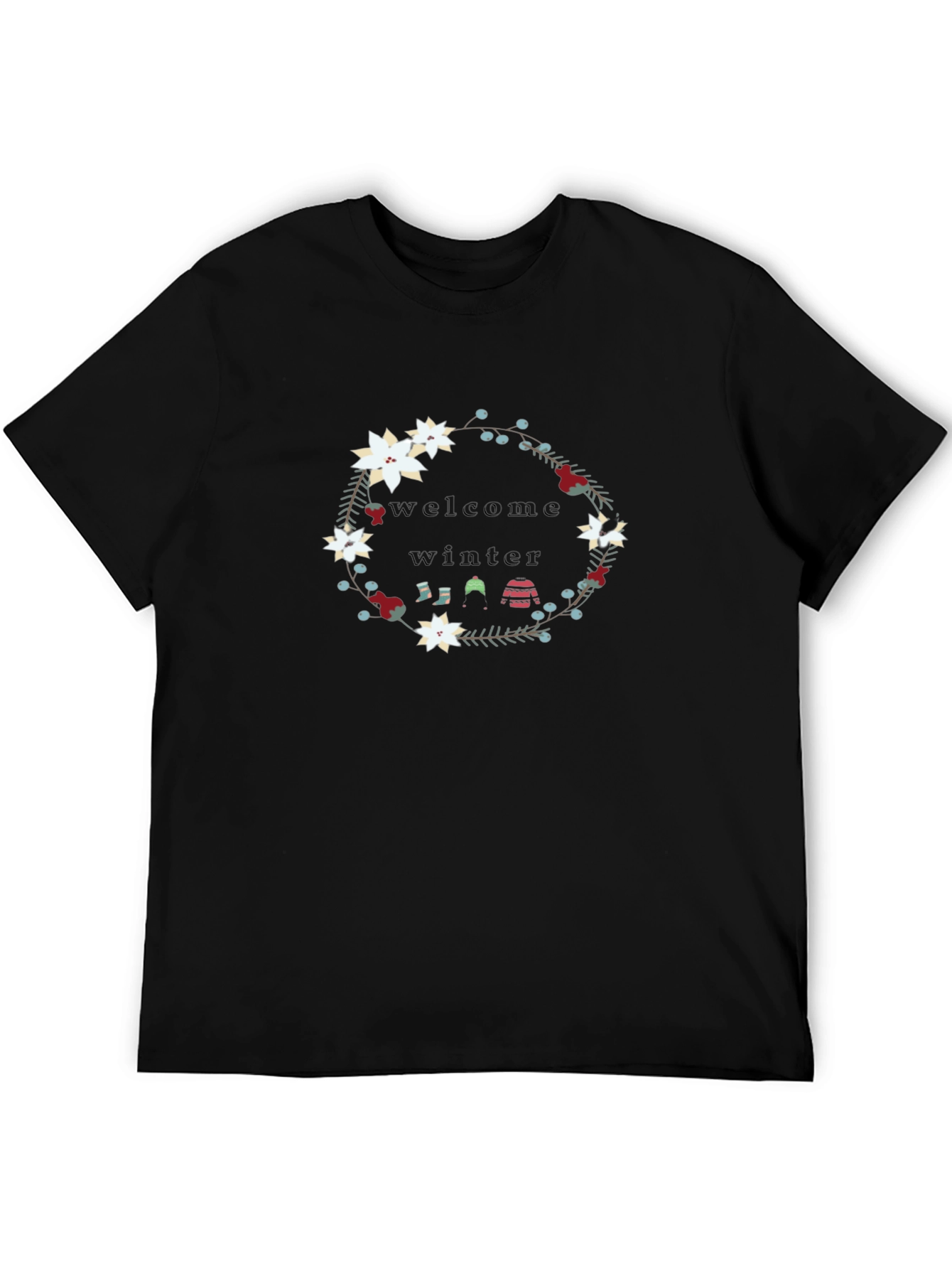 Welcome Winter Floral Wreath Black T-Shirt