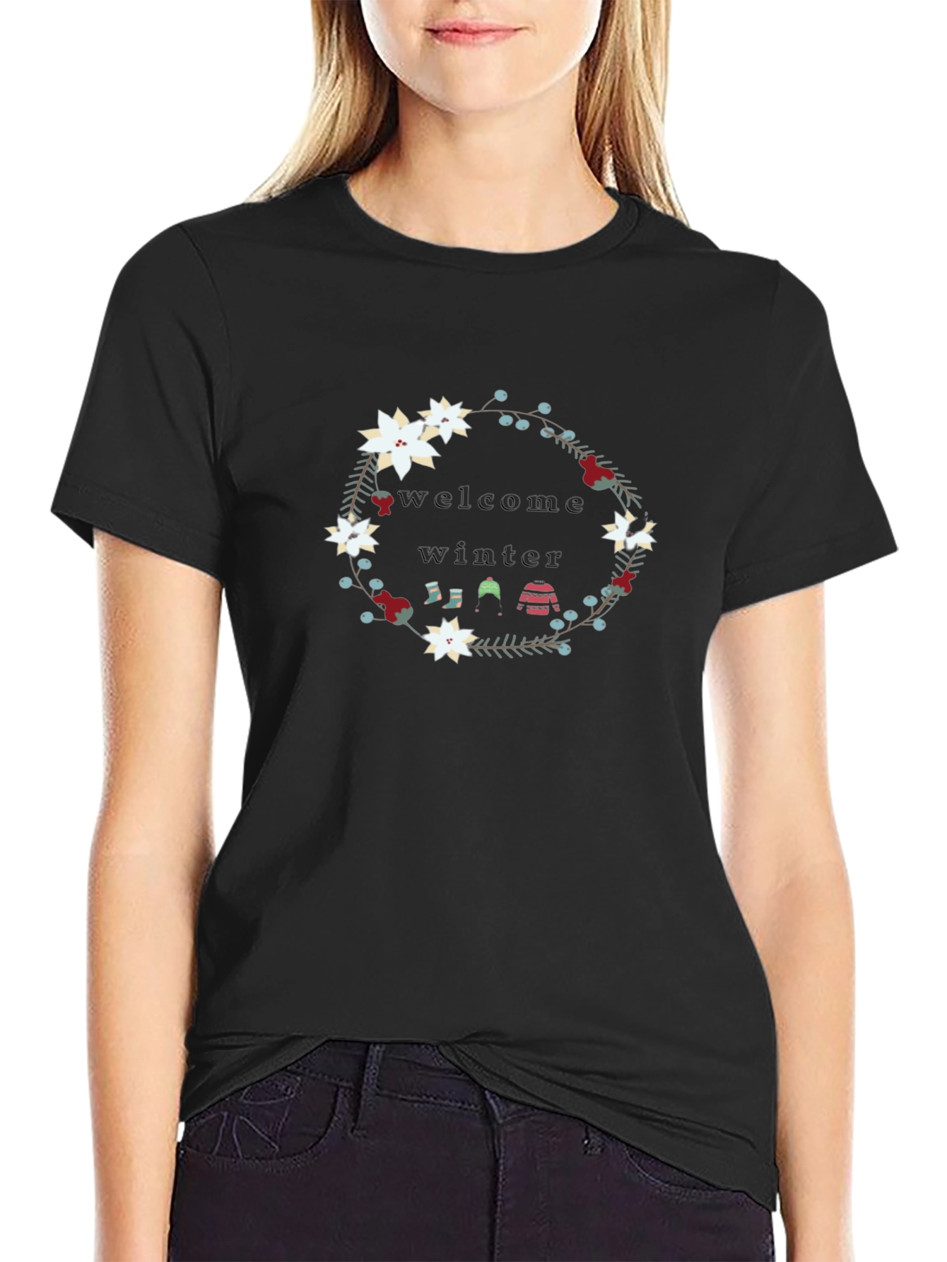 Welcome Winter Floral Wreath Black T-Shirt