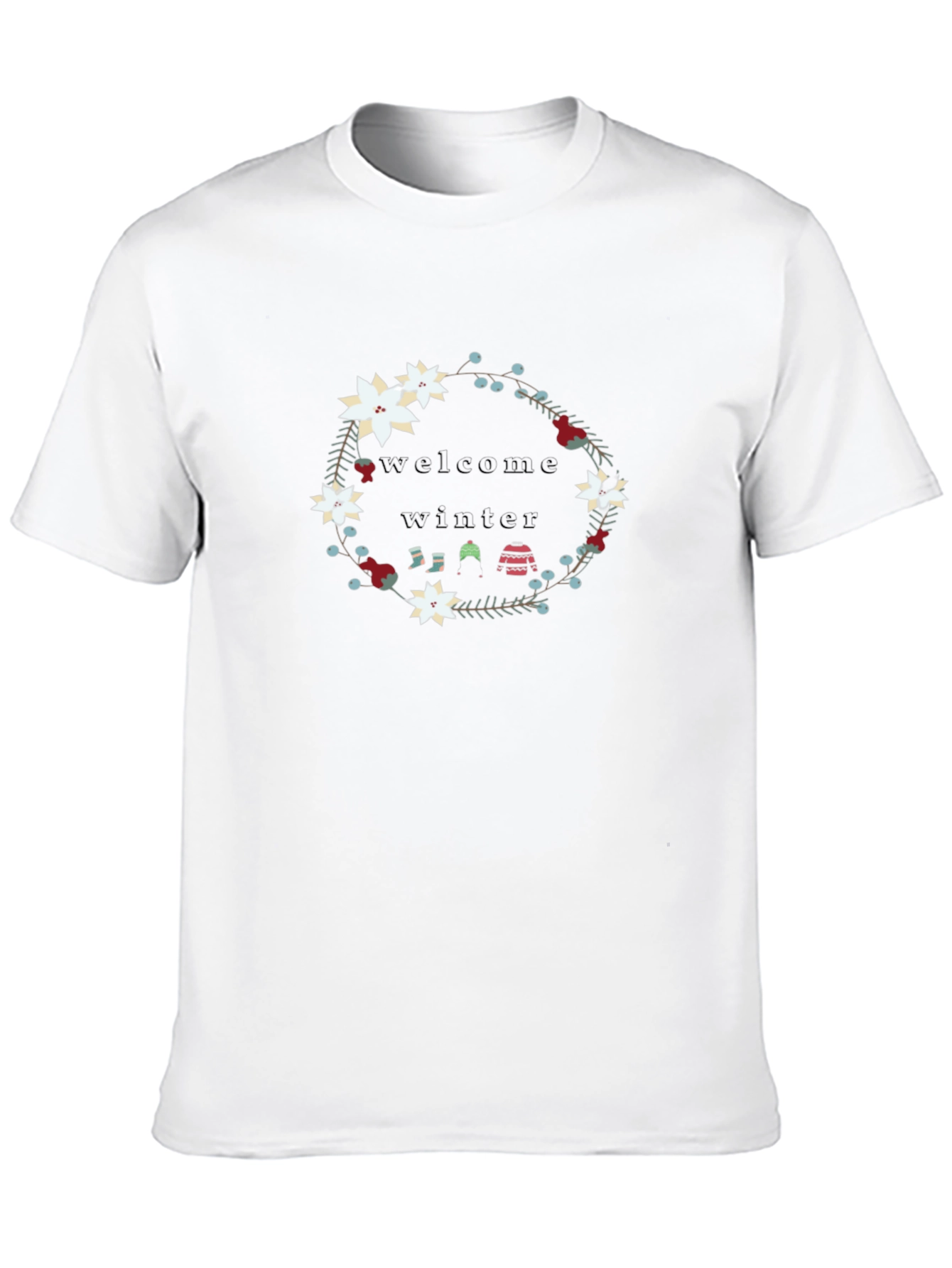 Welcome Winter Floral Wreath Black T-Shirt