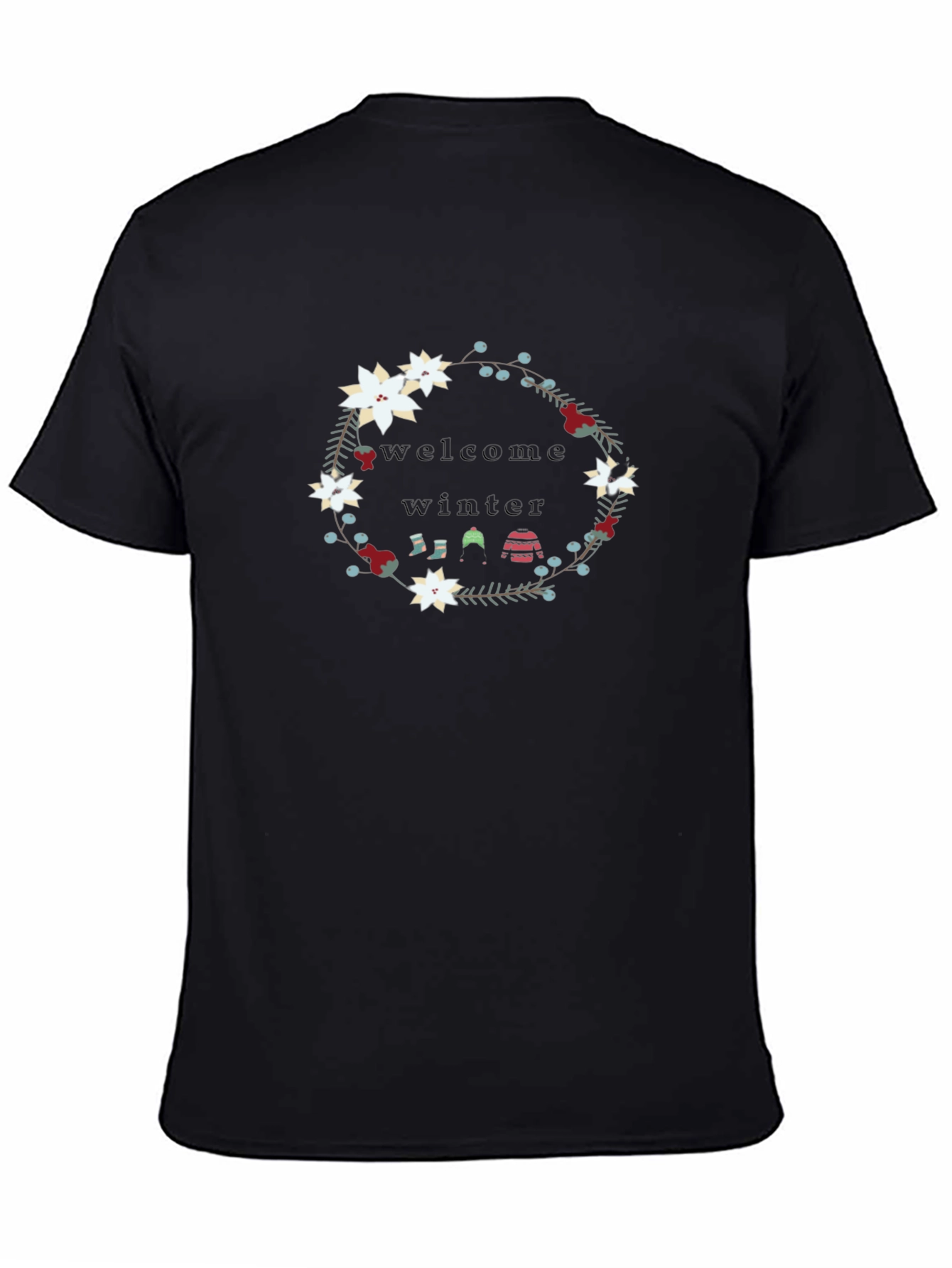 Welcome Winter Floral Wreath Black T-Shirt