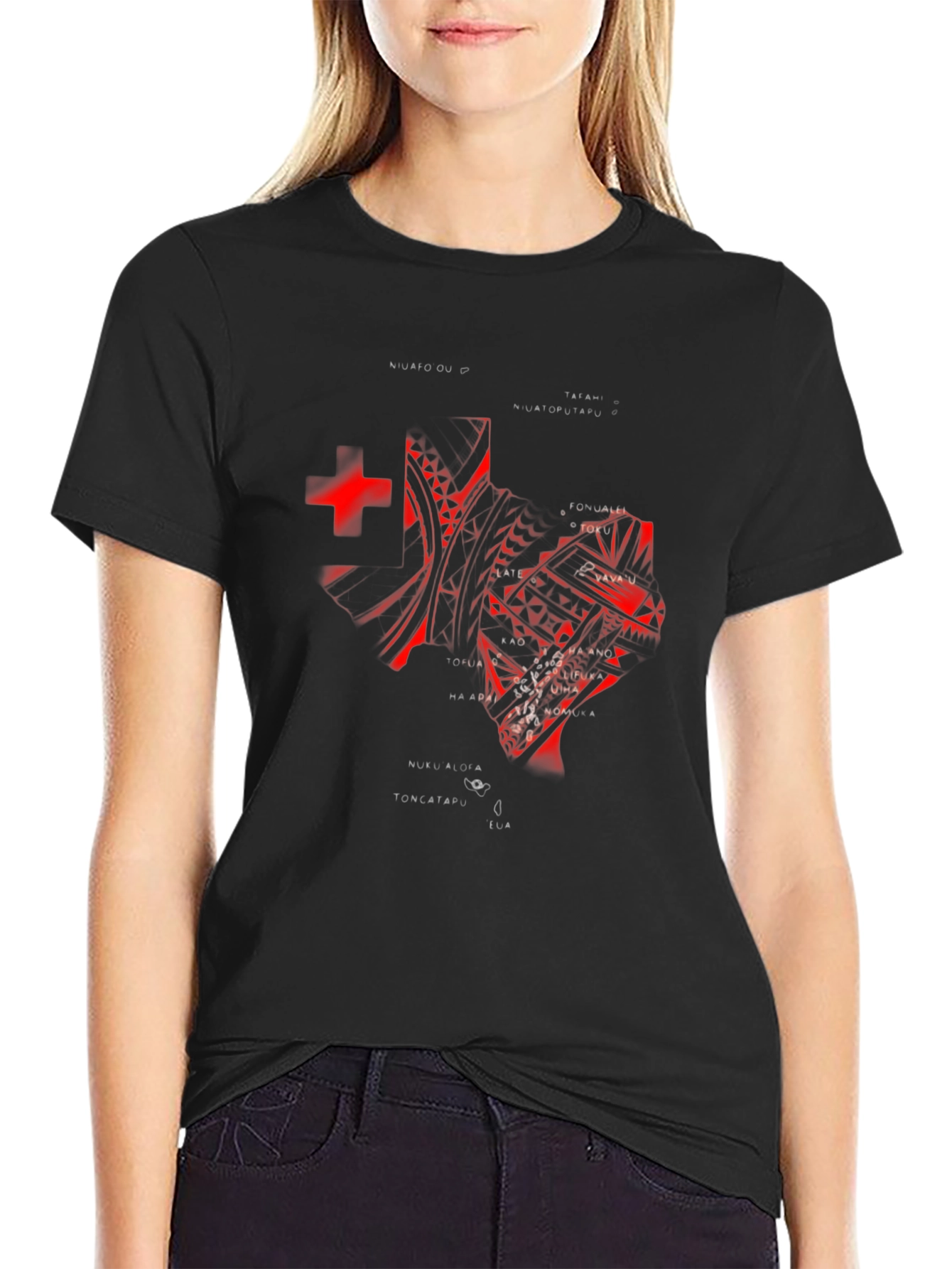 Tonga T-Shirt - Red Tribal Design on Black Tee