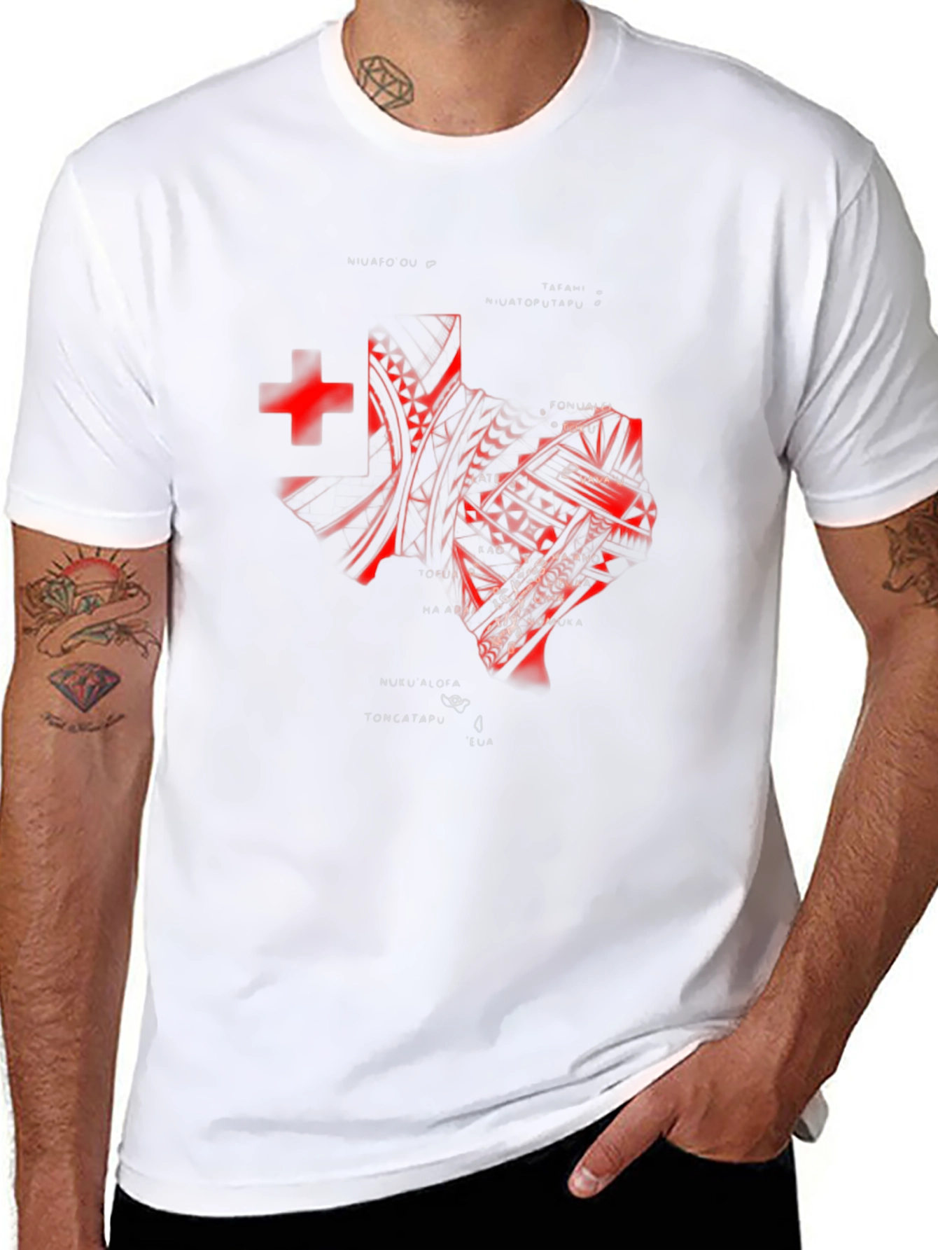 Tonga T-Shirt - Red Tribal Design on Black Tee