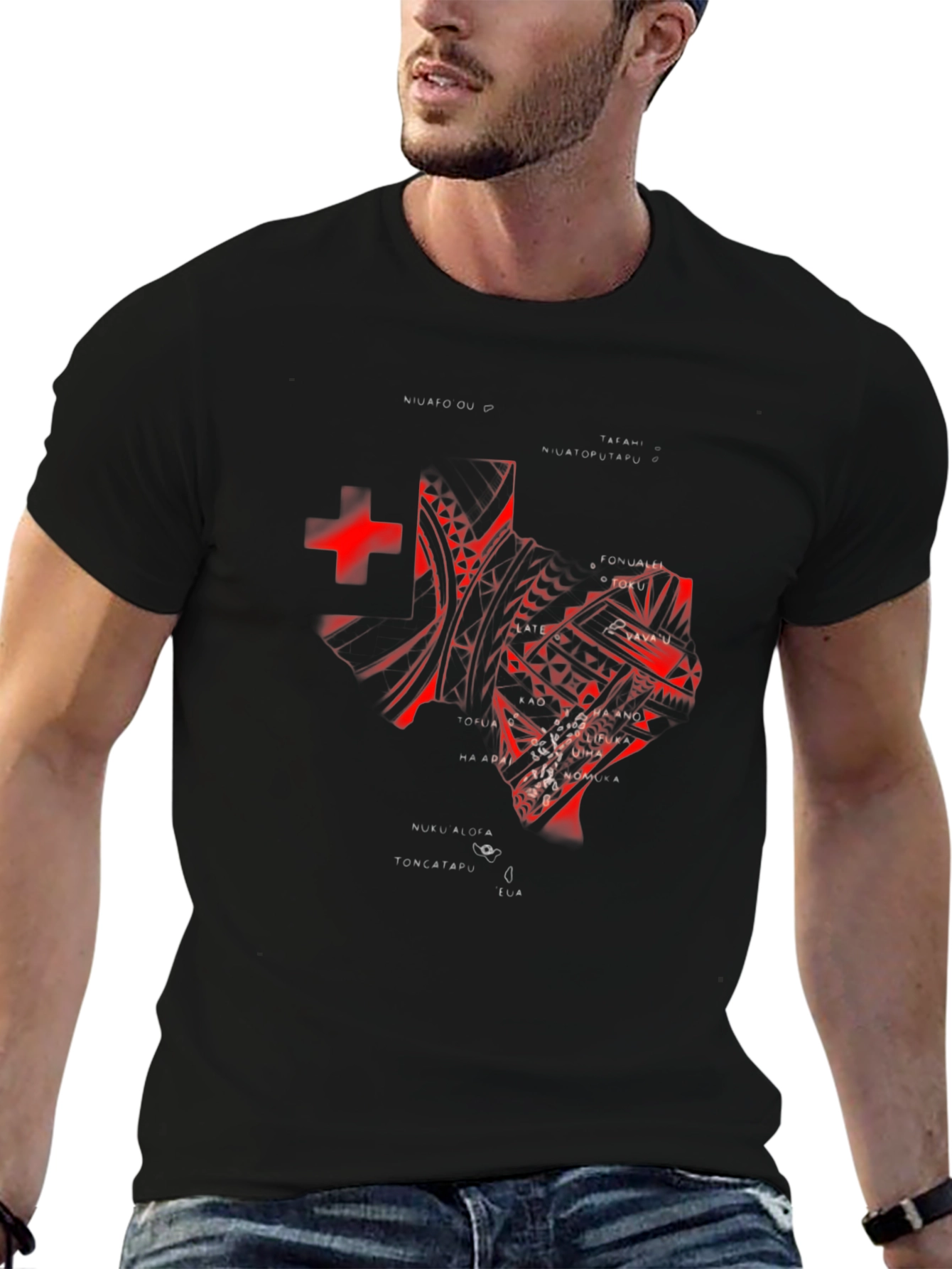 Tonga T-Shirt - Red Tribal Design on Black Tee