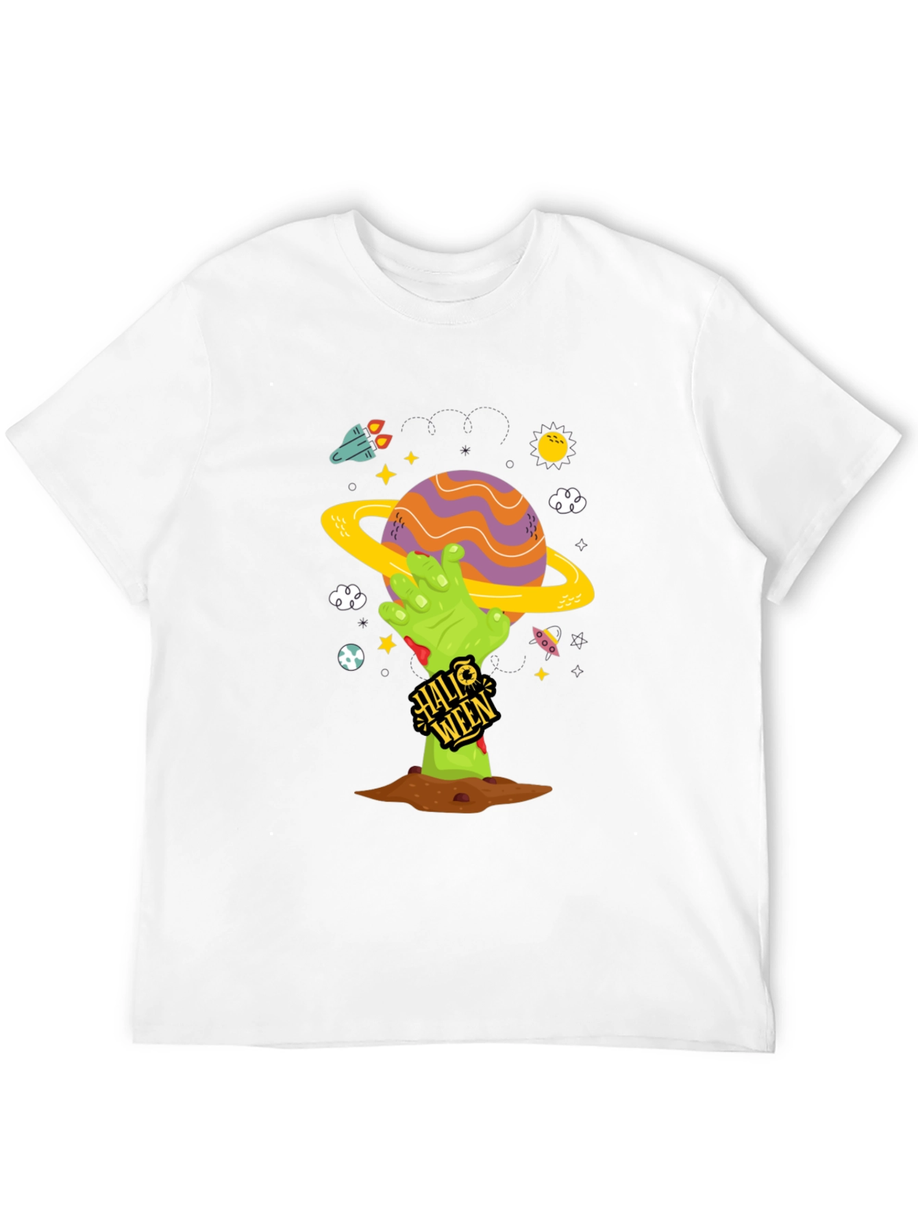 Spooky Halloween Planet T-Shirt - Zombie Hand Tee