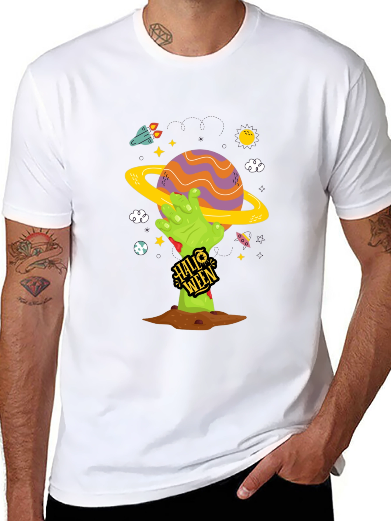 Spooky Halloween Planet T-Shirt - Zombie Hand Tee