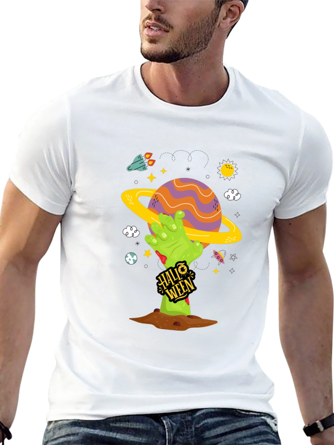 Spooky Halloween Planet T-Shirt - Zombie Hand Tee