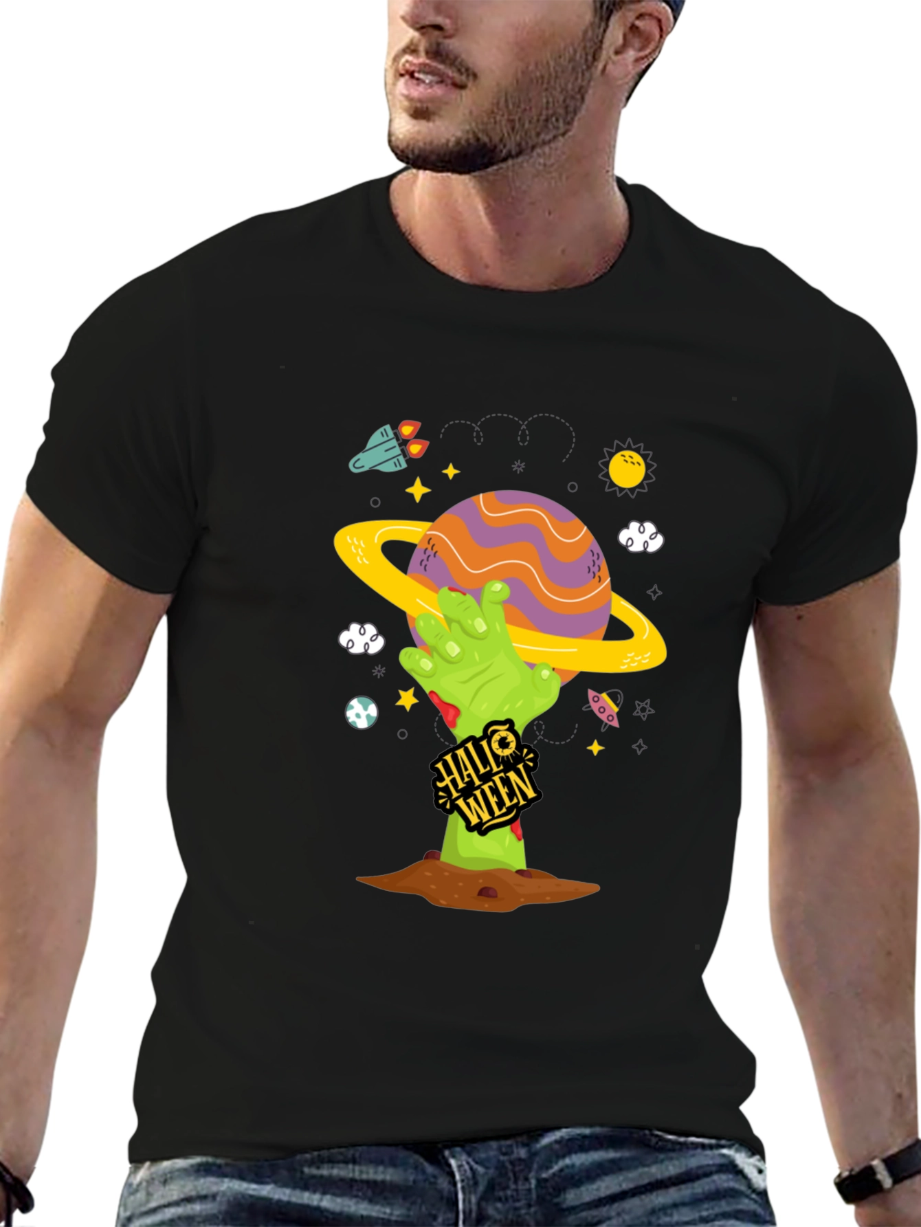 Spooky Halloween Planet T-Shirt - Zombie Hand Tee