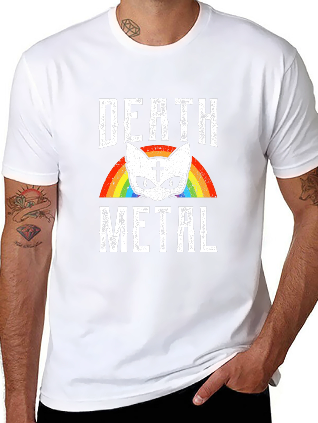 Death Metal Cat Rainbow Graphic T-Shirt