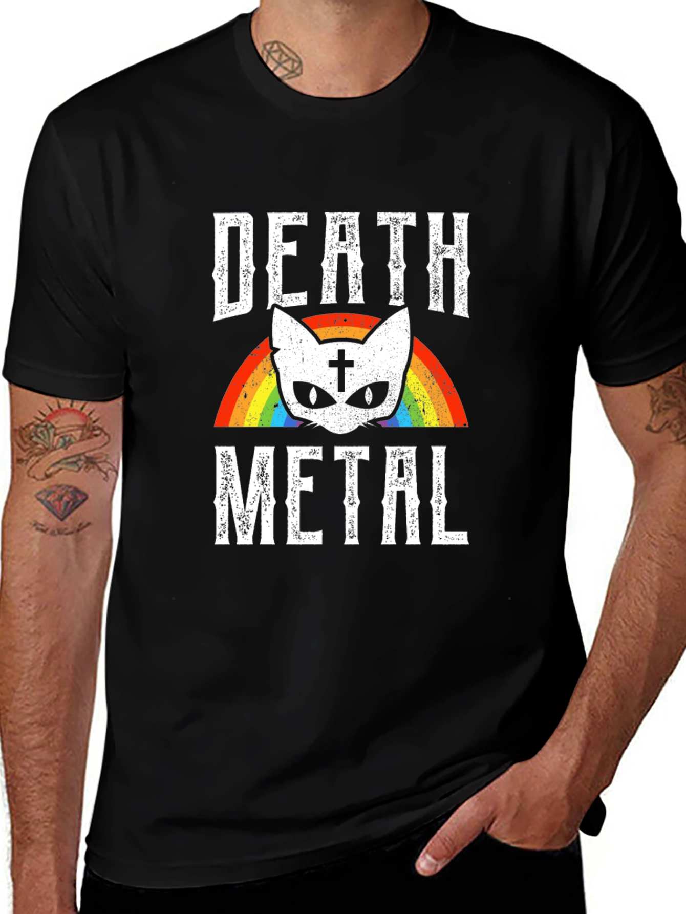 Death Metal Cat Rainbow Graphic T-Shirt