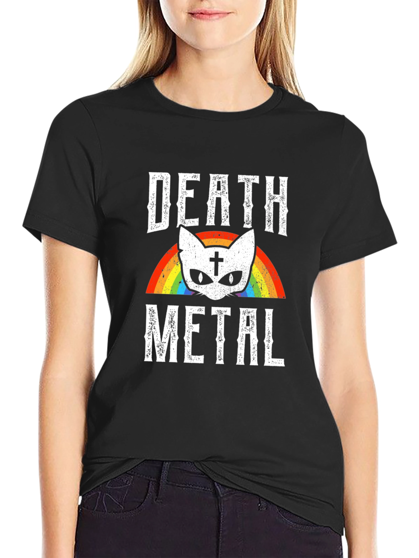 Death Metal Cat Rainbow Graphic T-Shirt