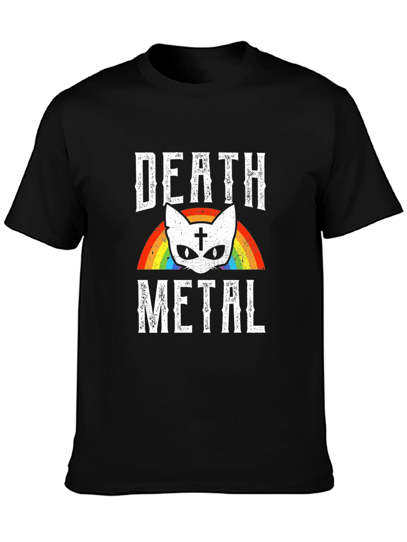 Death Metal Cat Rainbow Graphic T-Shirt