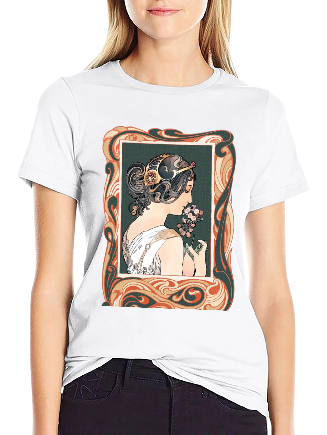 Art Nouveau Woman Graphic Tee - Stylish Black T-Shirt