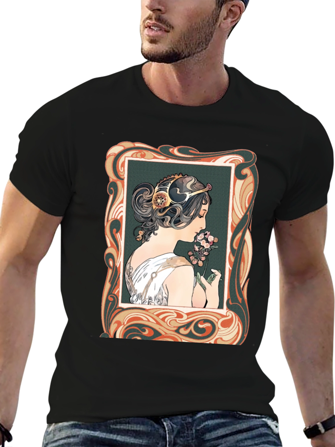 Art Nouveau Woman Graphic Tee - Stylish Black T-Shirt