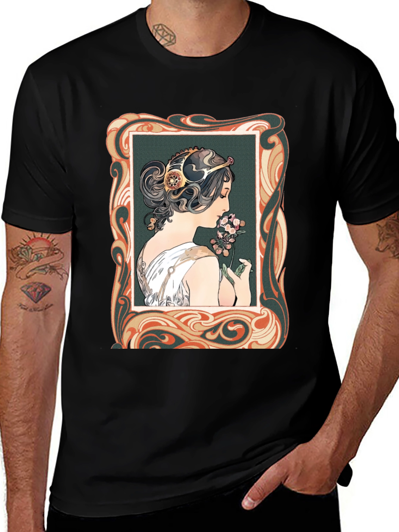 Art Nouveau Woman Graphic Tee - Stylish Black T-Shirt