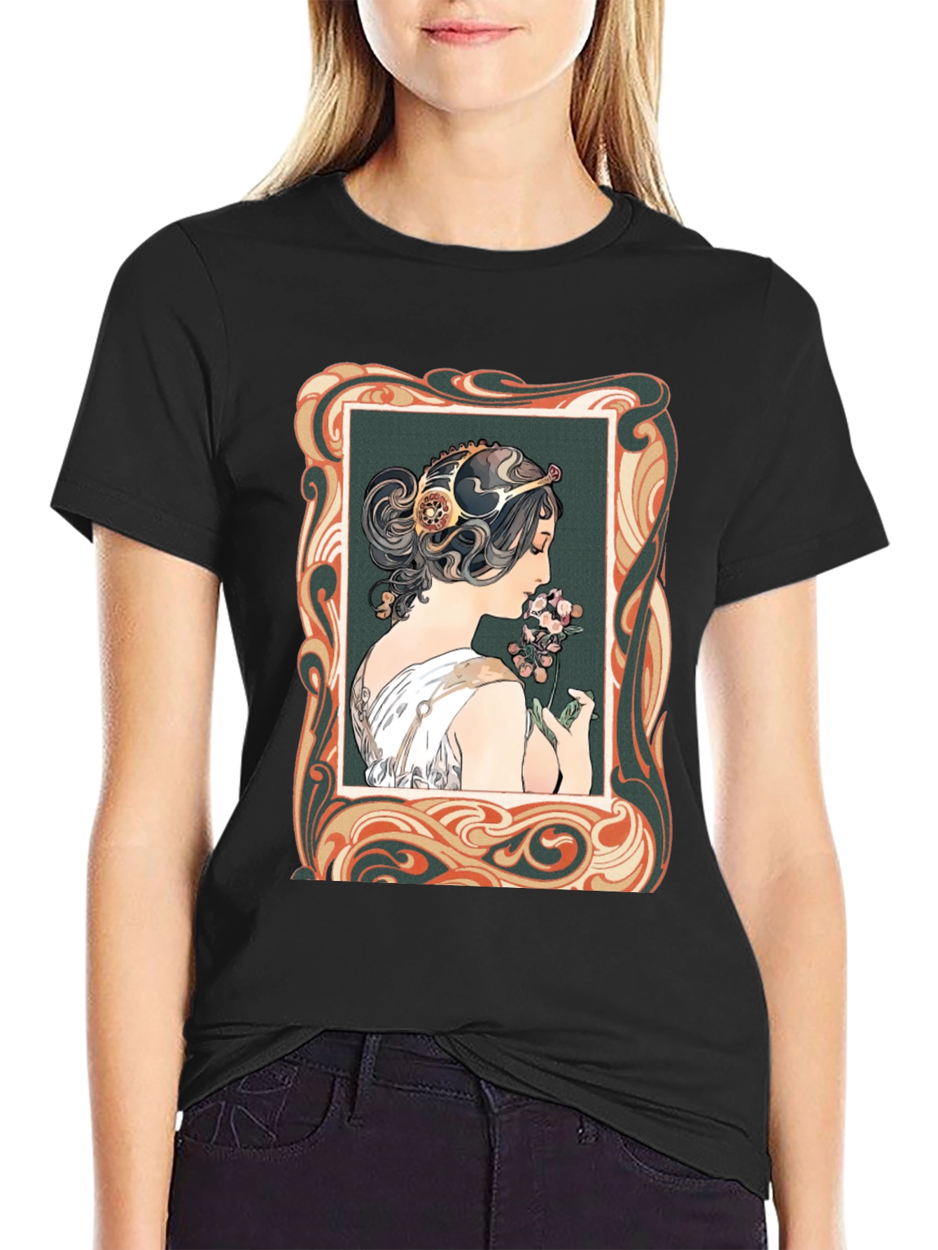 Art Nouveau Woman Graphic Tee - Stylish Black T-Shirt
