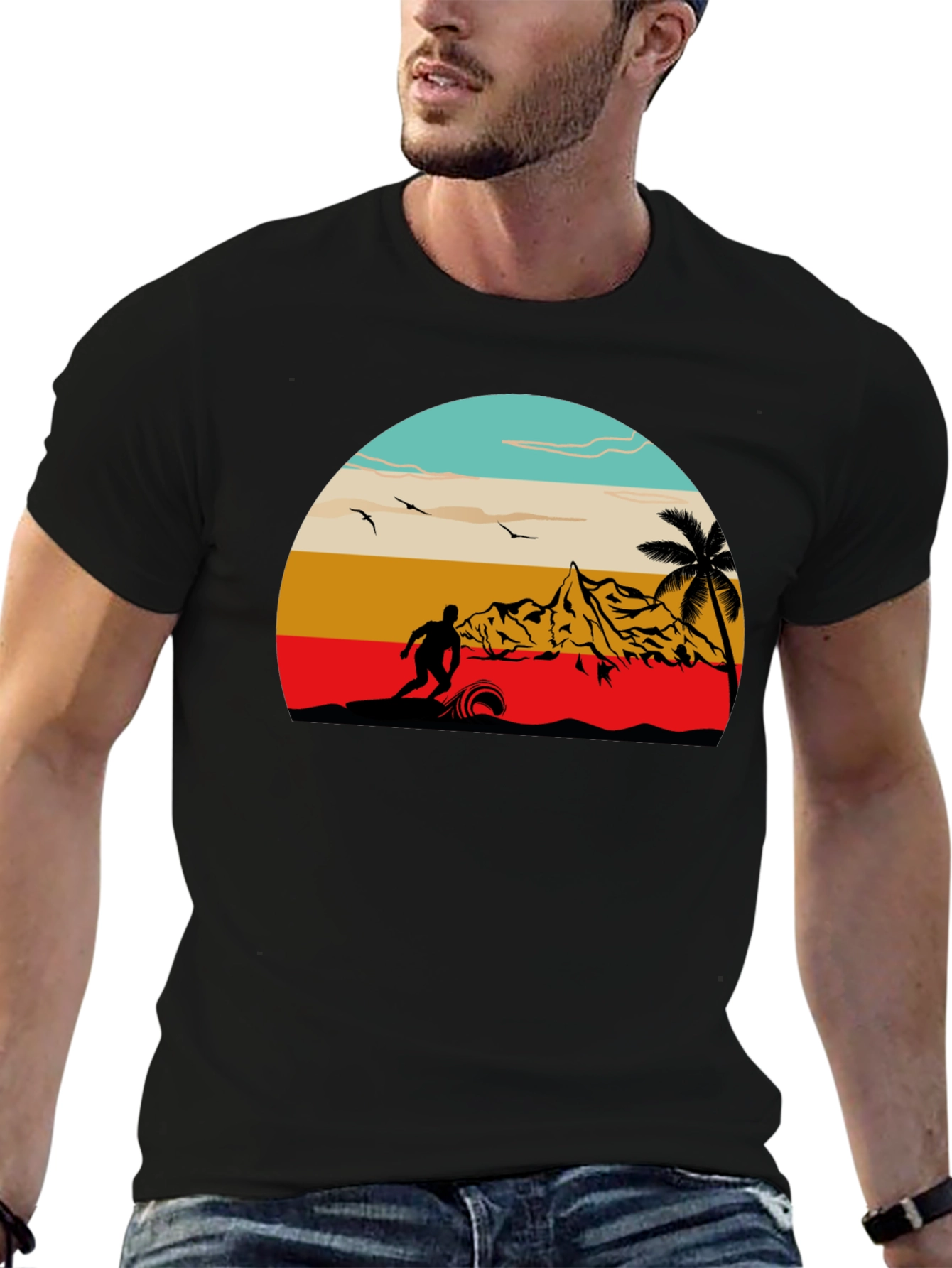 Retro Surf Scene Black T-Shirt