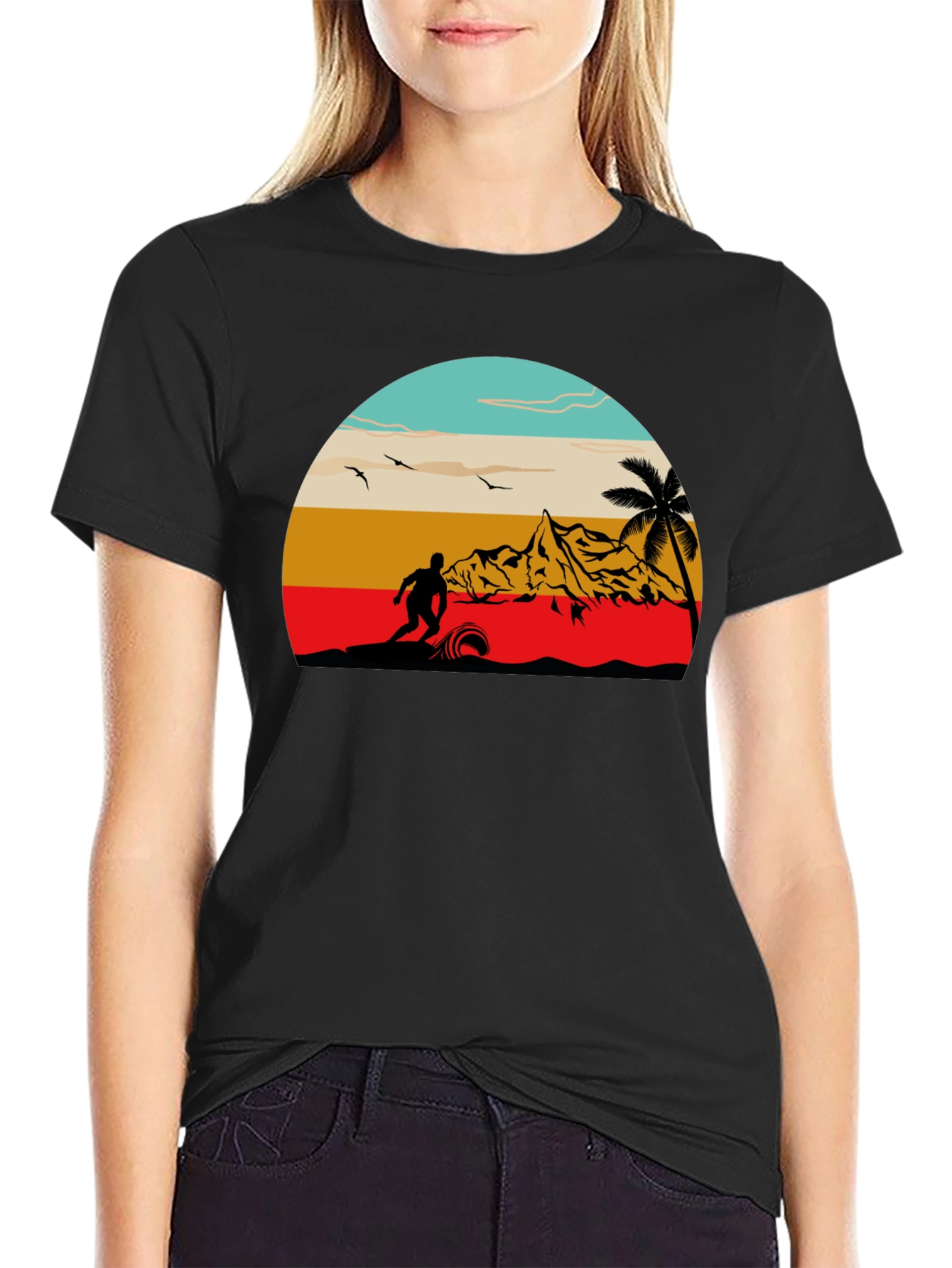 Retro Surf Scene Black T-Shirt