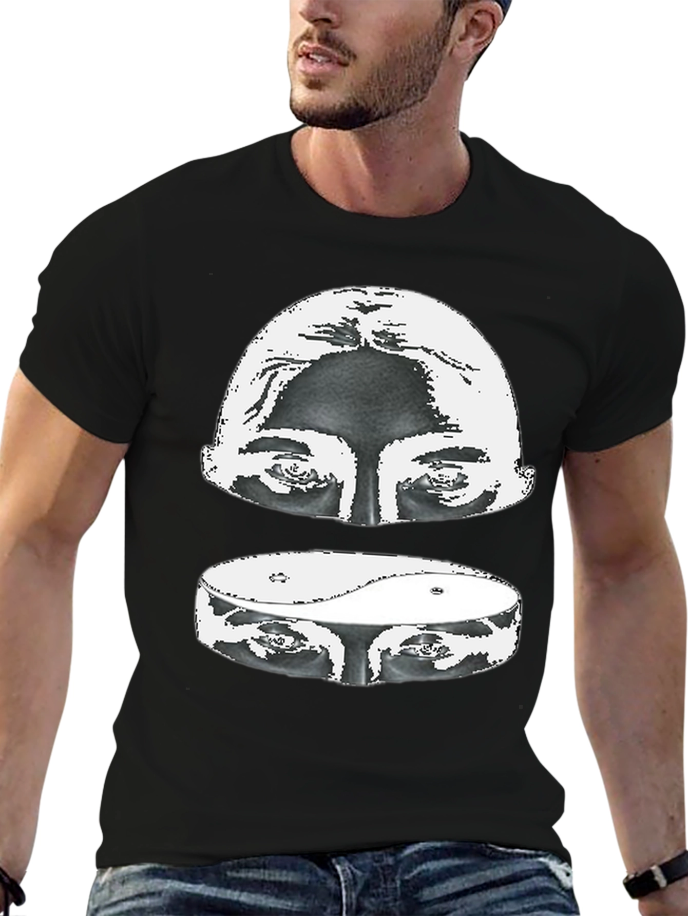 Yin Yang Eyes Graphic Print Black T-Shirt