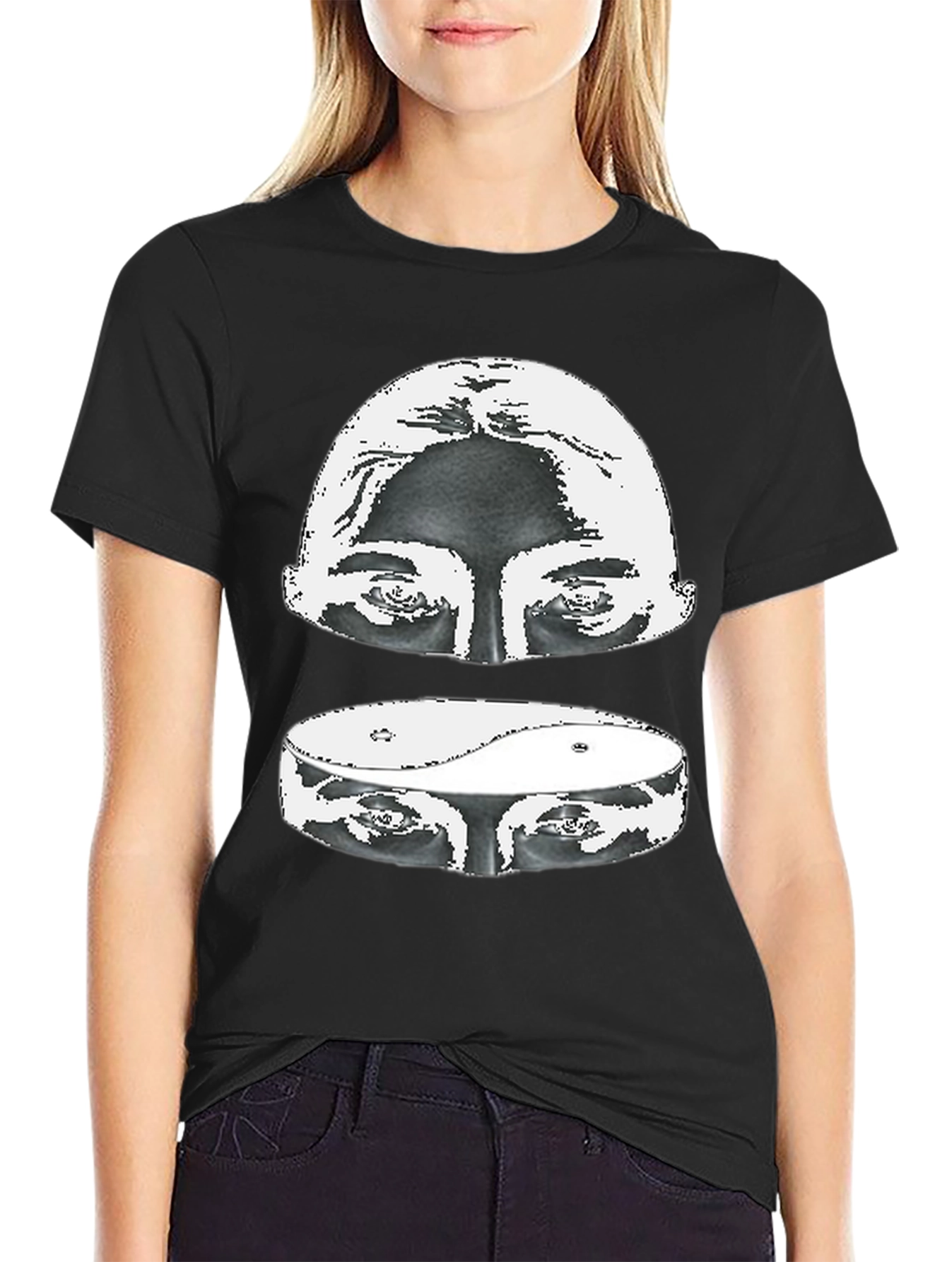 Yin Yang Eyes Graphic Print Black T-Shirt