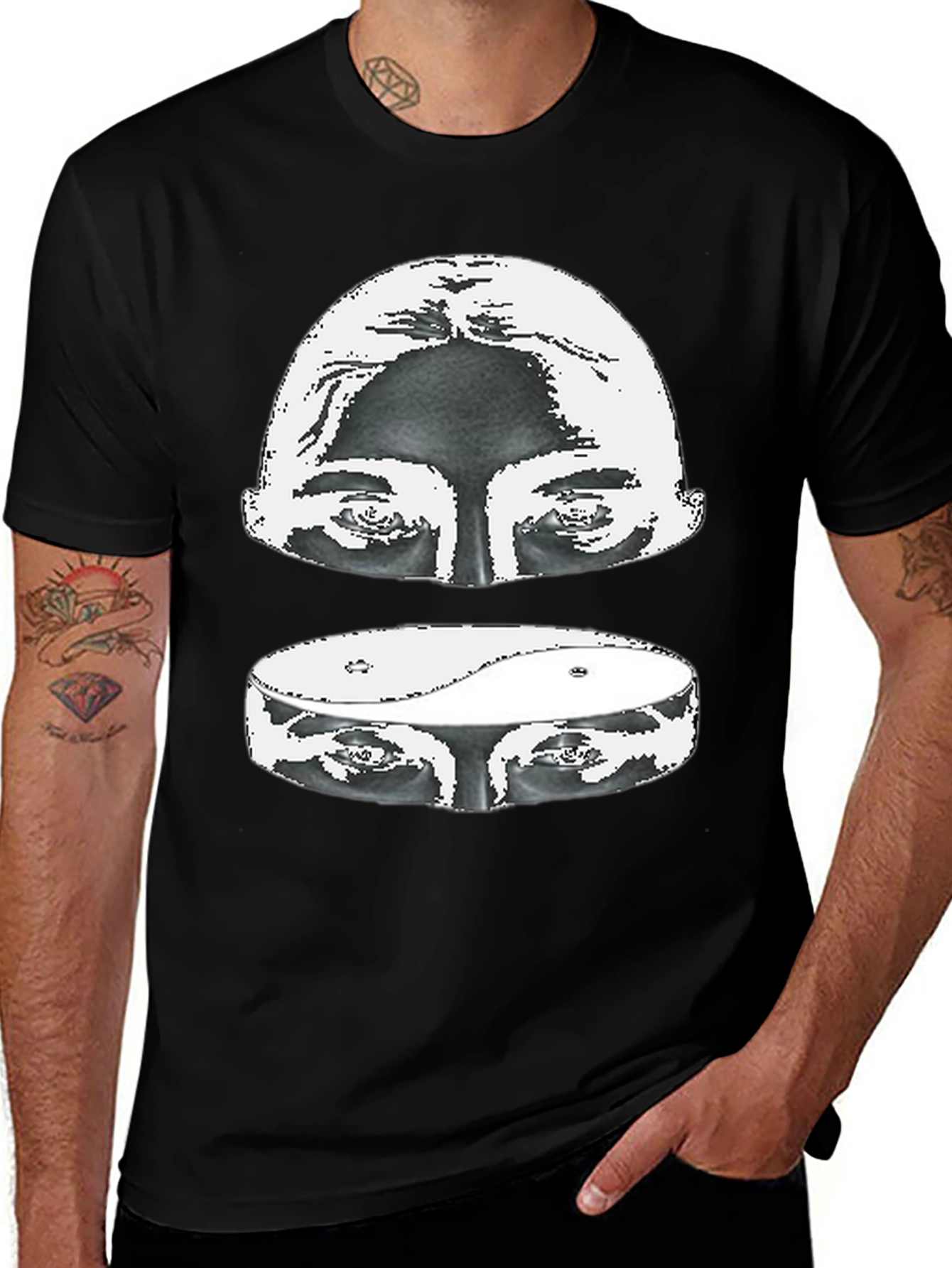 Yin Yang Eyes Graphic Print Black T-Shirt