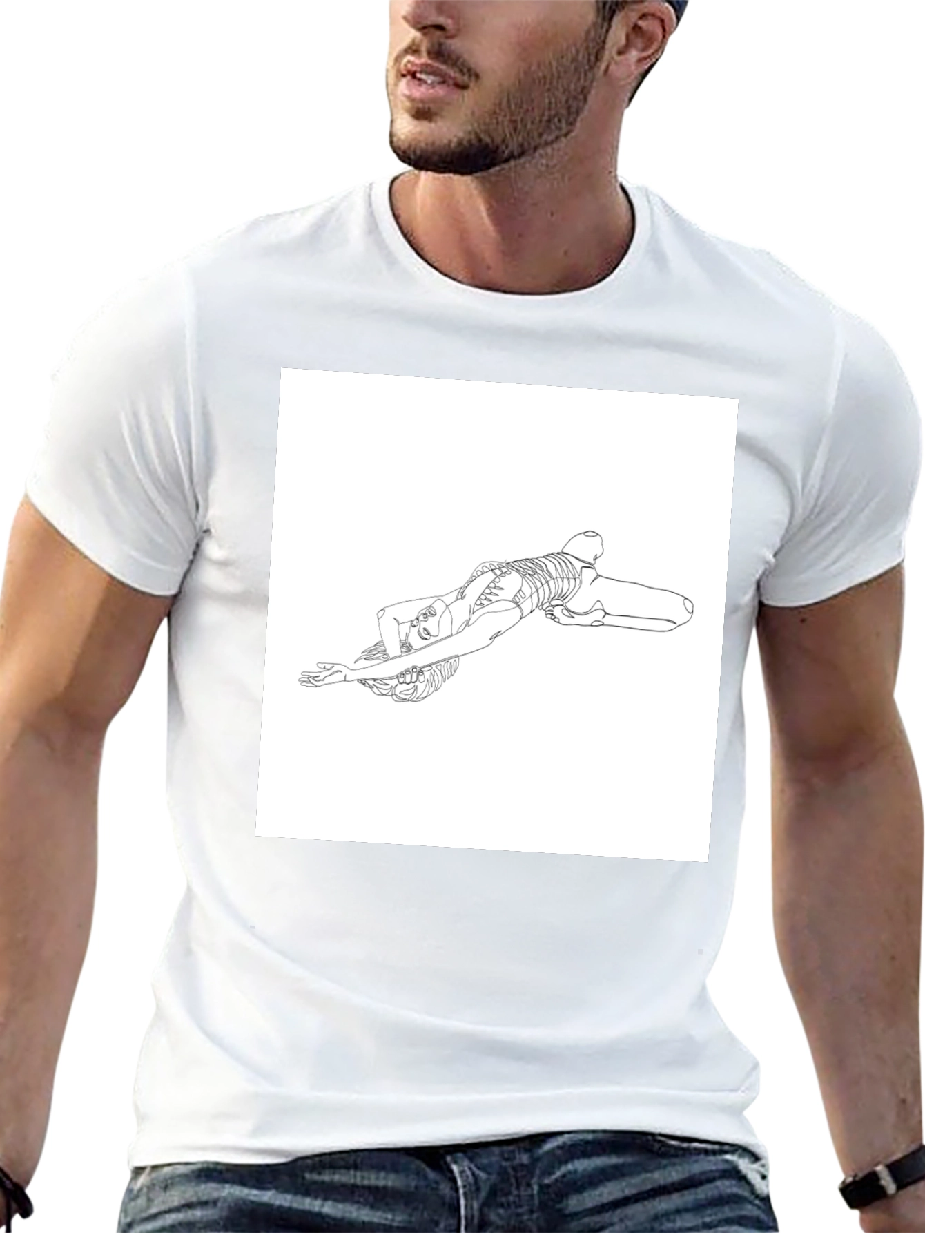 Line Art Skeleton Pose Graphic Tee - Black