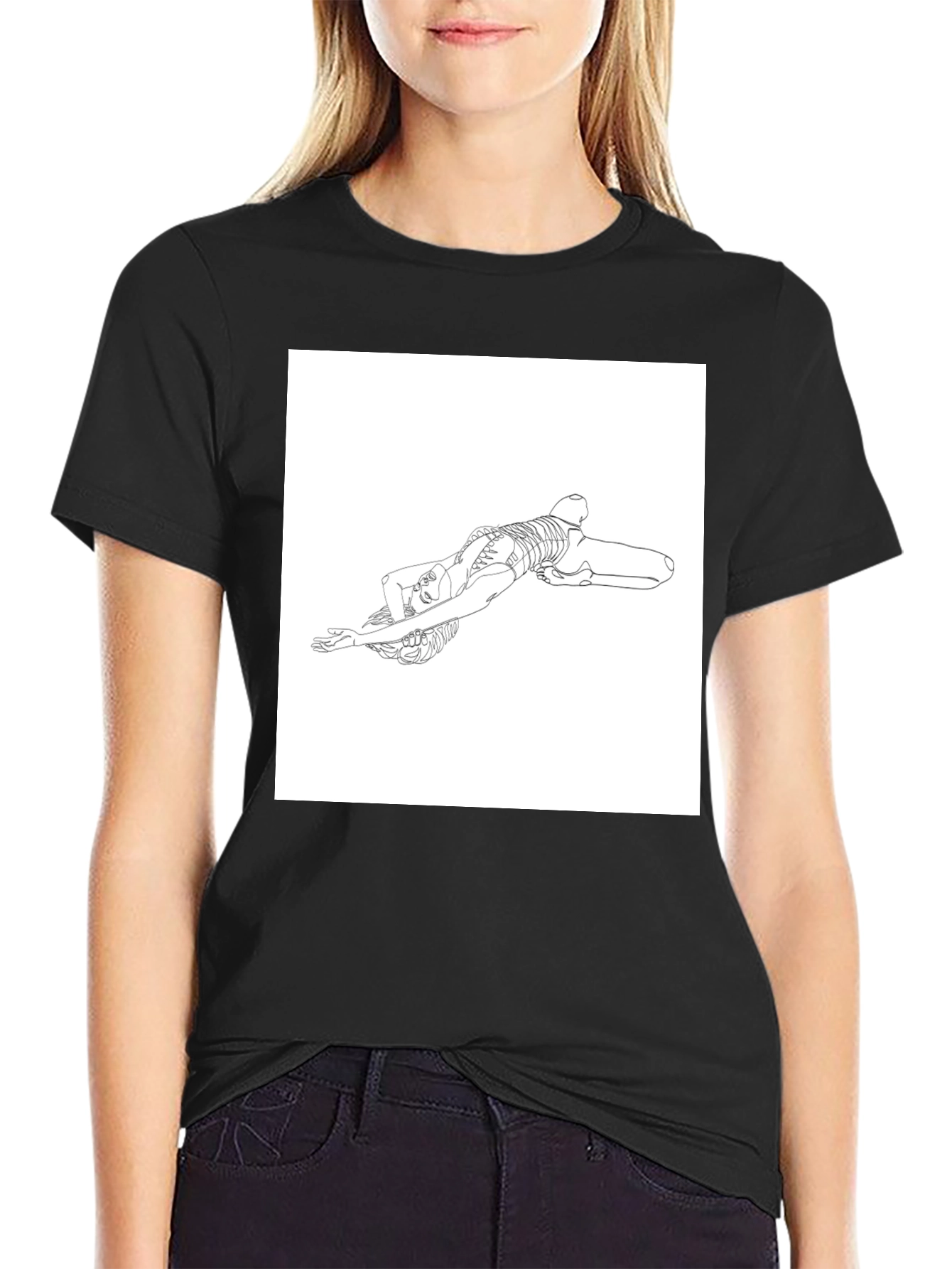 Line Art Skeleton Pose Graphic Tee - Black
