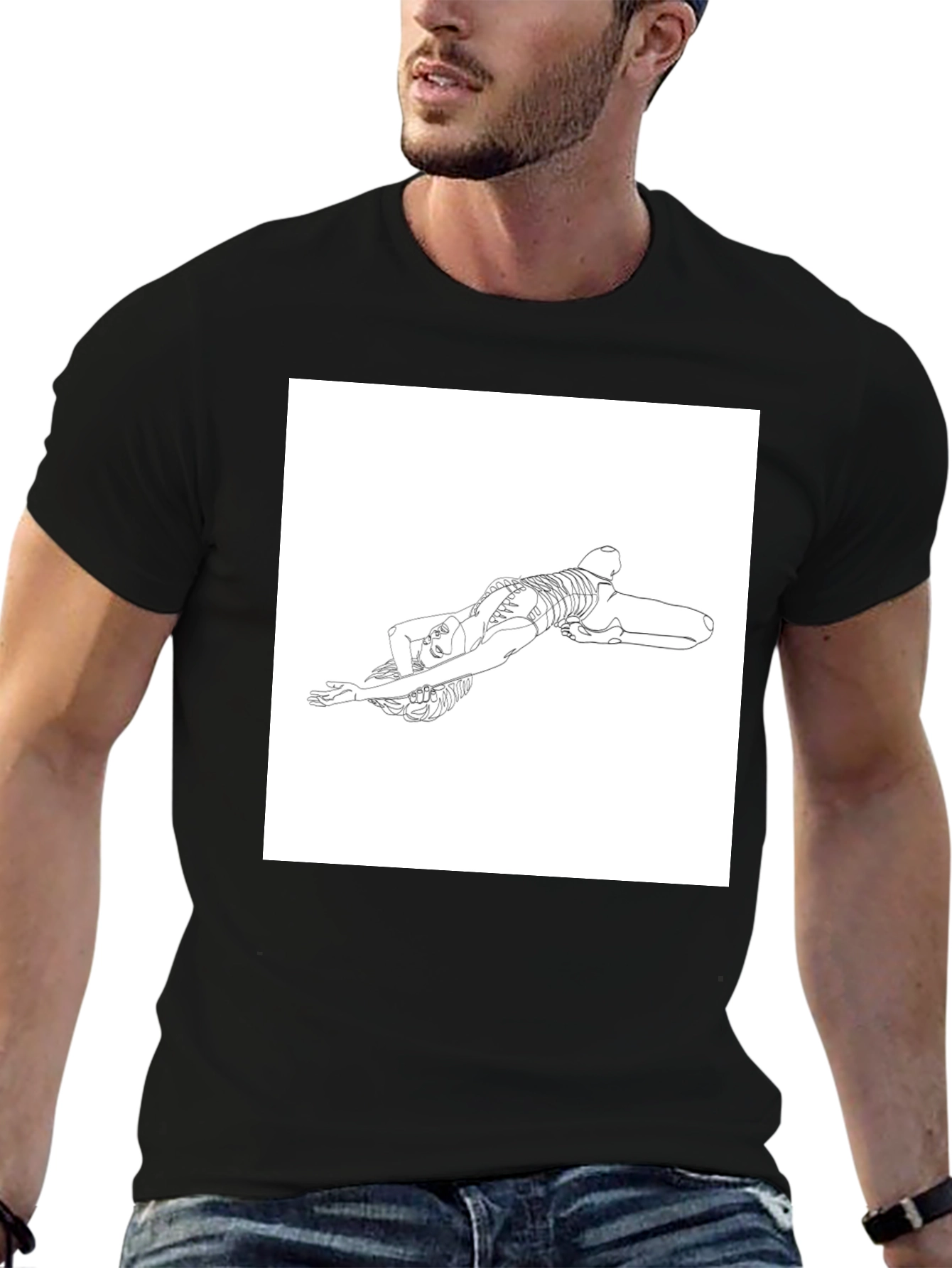 Line Art Skeleton Pose Graphic Tee - Black