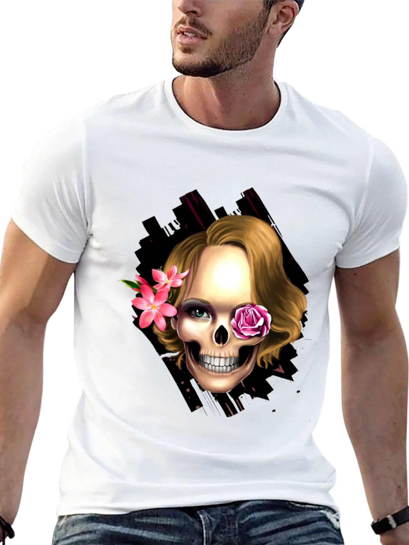 Skull & Flowers Graphic Tee - Trendy Halloween Style